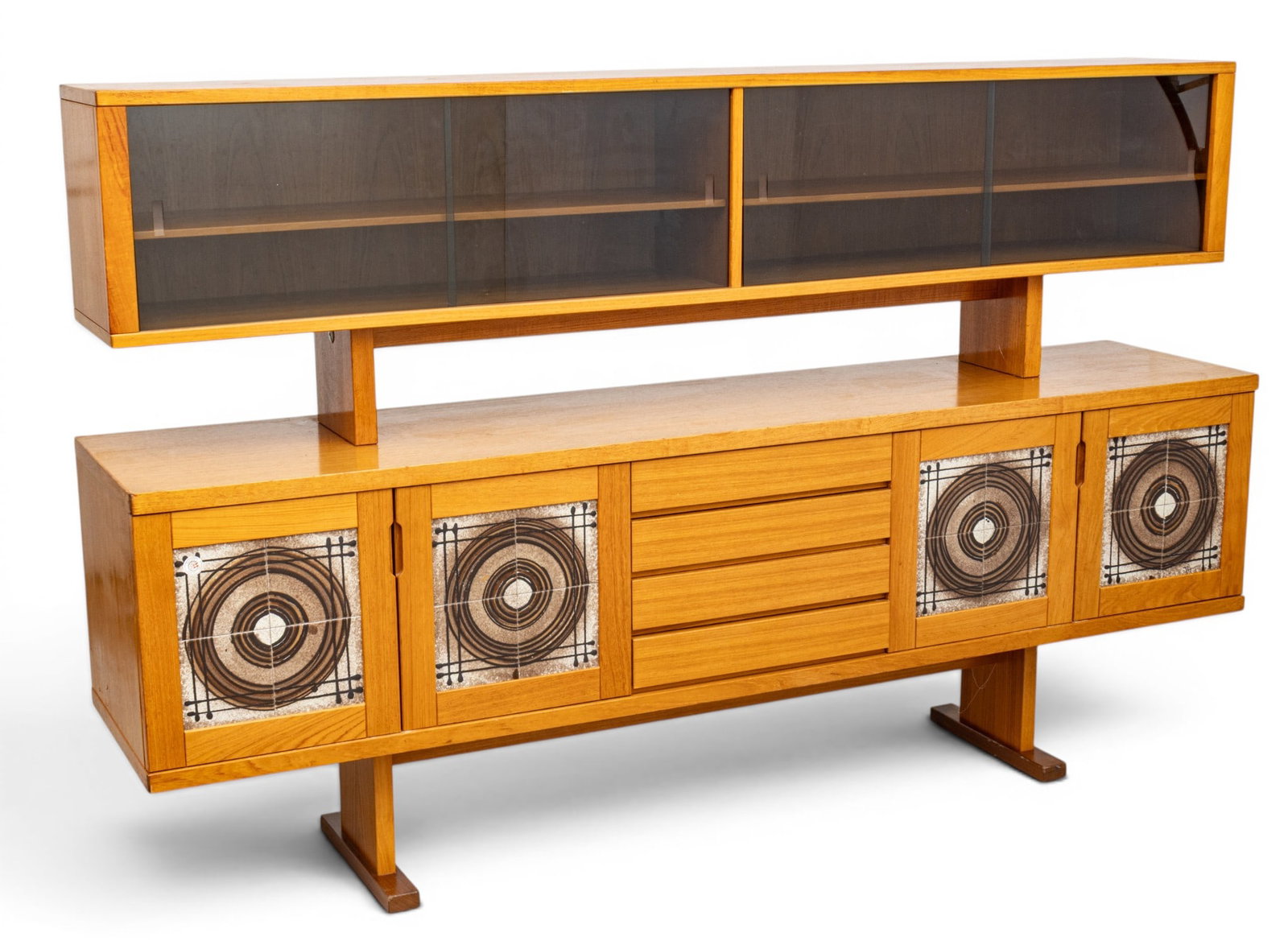 Poul Hermann Poulsen for Gangso Monler (Danish) Teak Credenza, Ca. 1970's, H 53.25" W 84.5" Depth: Poul Hermann Poulsen for Gangso Monler (Danish) Teak Credenza, Ca. 1970's, H 53.25" W 84.5" Depth 18" Teak. In two pieces; the upper section, with four smoked glass doors which open to reveal a shelve