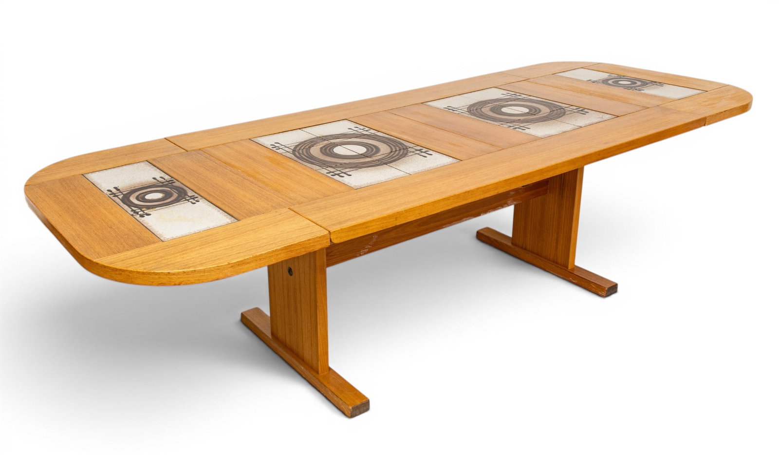 Poul Hermann Poulsen for Gangso Monler (Danish) Teak & Tile Table, Ca. 1970's, H 28" W 105" Depth: Poul Hermann Poulsen for Gangso Monler (Danish) Teak & Tile Table, Ca. 1970's, H 28" W 105" Depth 39" A teak dining table inlaid with ceramic tiles. Signature to tiles. Provenance: Property from