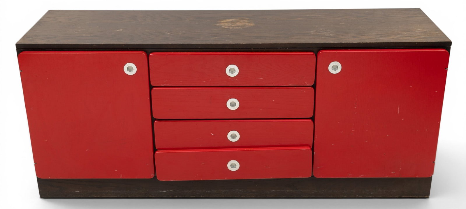 Kroehler Manufacturing Co. (American) Mid-Century Modern Style Painted Walnut Sideboard, Ca. 1960s,: Kroehler Manufacturing Co. (American) Mid-Century Modern Style Painted Walnut Sideboard, Ca. 1960s, H 28" W 66" Depth 19" Kroehler branding at the inside of the top drawer. Red painted drawer fronts a