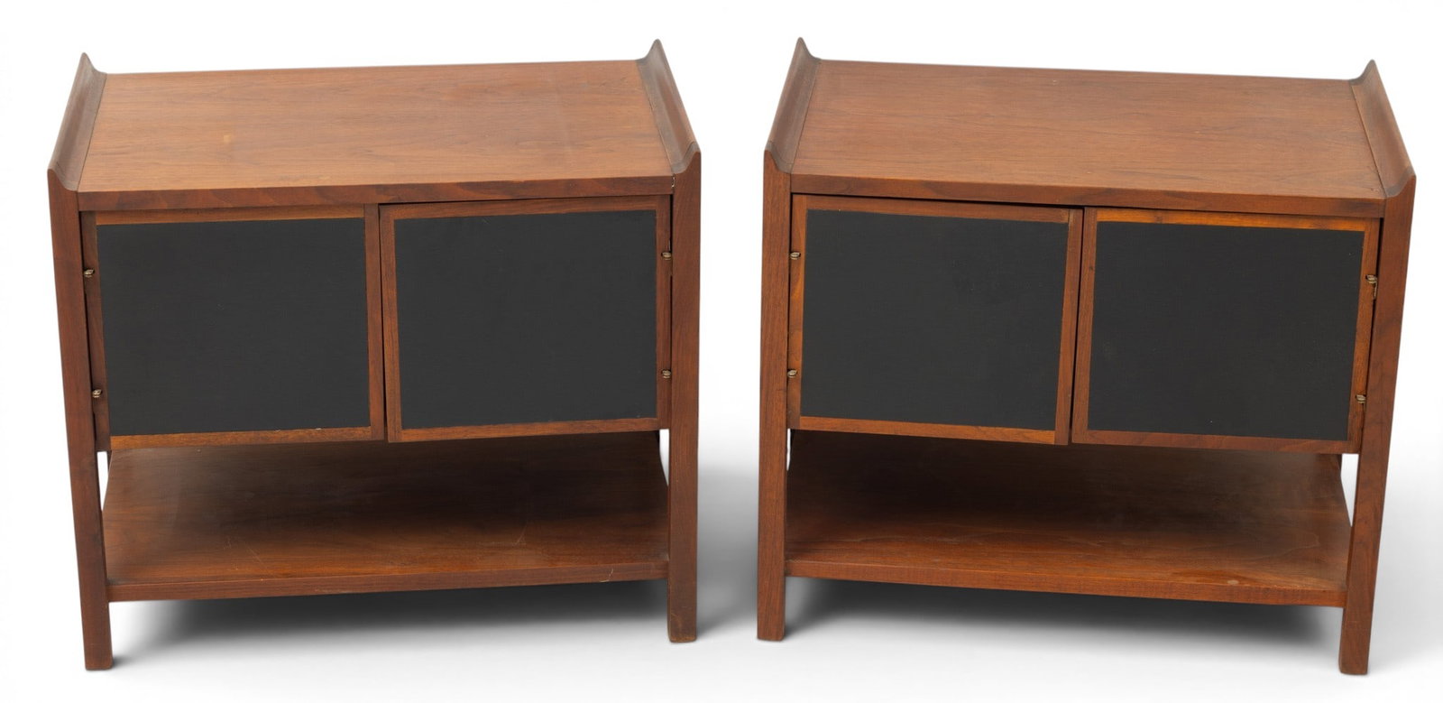 Dillingham Manufacturing Co. (American) Mid-Century Modern Walnut End Tables/record Cabinets, Ca.: Dillingham Manufacturing Co. (American) Mid-Century Modern Walnut End Tables/record Cabinets, Ca. 1960-70, H 23" W 26" Depth 16" Each having double hinged doors with black vinyl panels, opening to a c