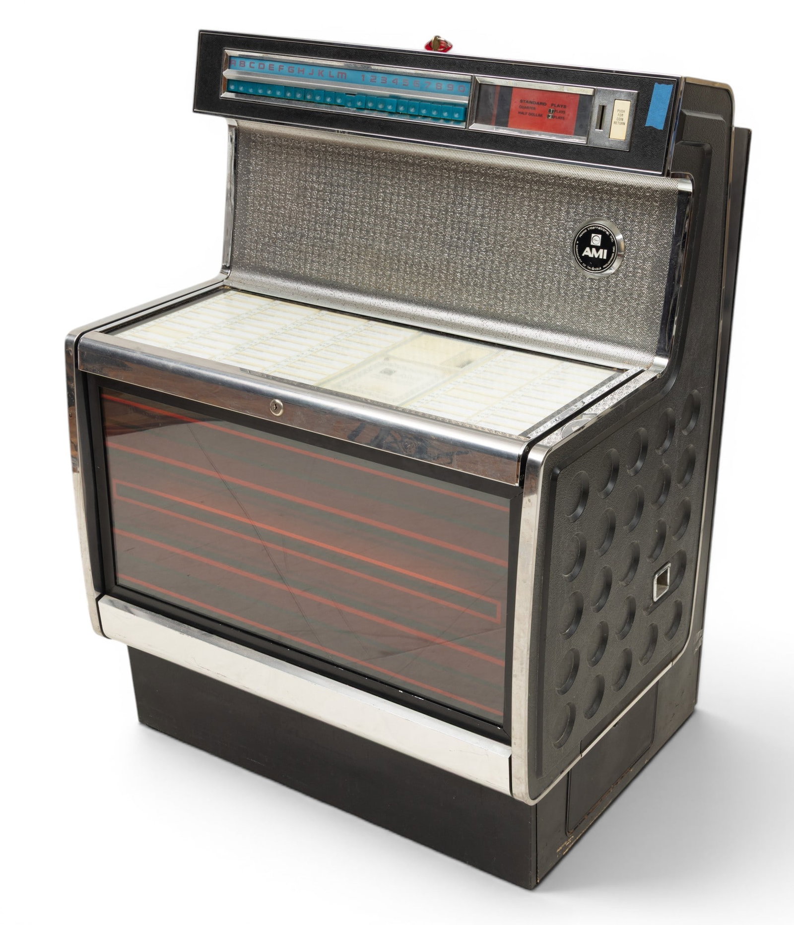 Rowe/Automatic Musical Instrument Co. (American) Model RI-1G 'Heritage' Stereo Jukebox with Records,: Rowe/Automatic Musical Instrument Co. (American) Model RI-1G 'Heritage' Stereo Jukebox with Records, Ca. 1973, SN: 826932, H 46" W 32" Depth 26" Coin operated jukebox with a compacity to hold up to si