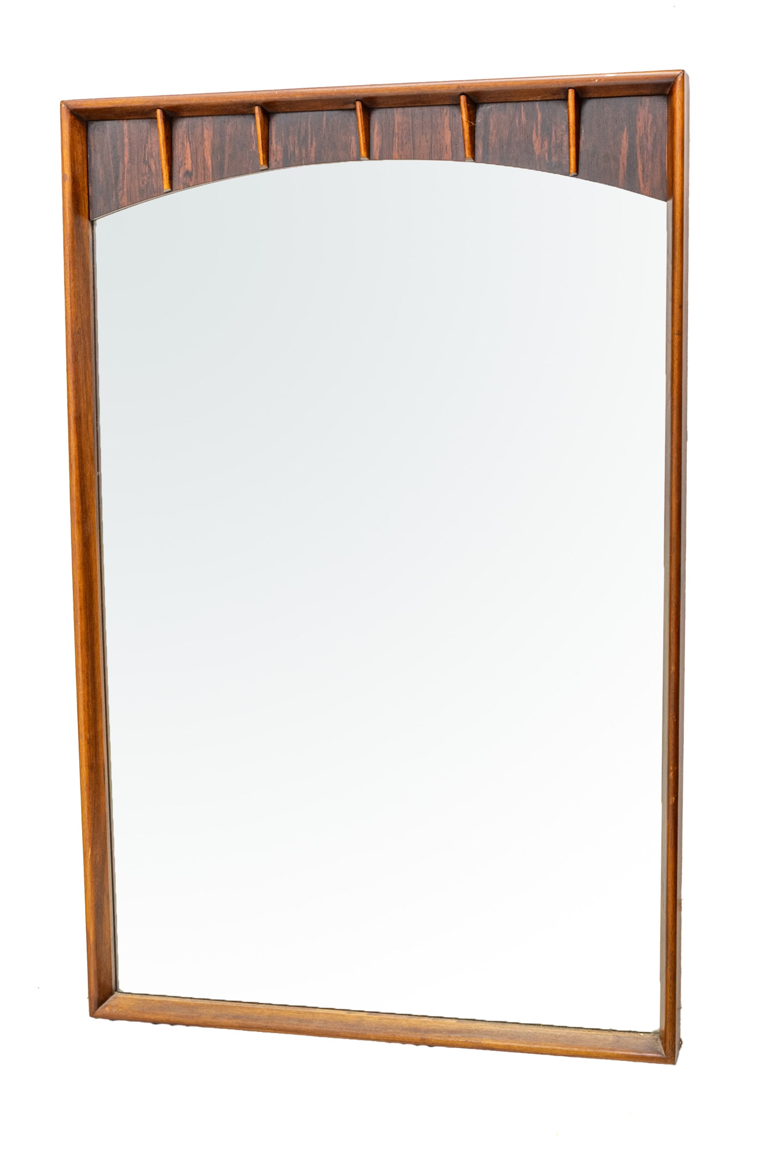 Kent-Coffey Manufacturing Co. (American) Mid-Century Modern 'Perspecta' Walnut and Rosewood Mirror,: Kent-Coffey Manufacturing Co. (American) Mid-Century Modern 'Perspecta' Walnut and Rosewood Mirror, Ca. 1960, H 47.5" W 31" Perspecta line wall mirror having an arched top beveled glass mirror with a 
