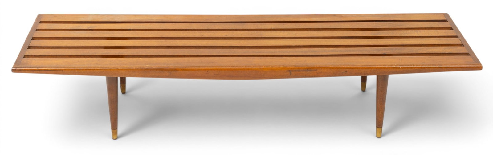 Yugoslavian Mid-Century Modern Teakwood Slat Bench in the Danish Style, H 11.5" W 18.5" L 60" (1 of 2)