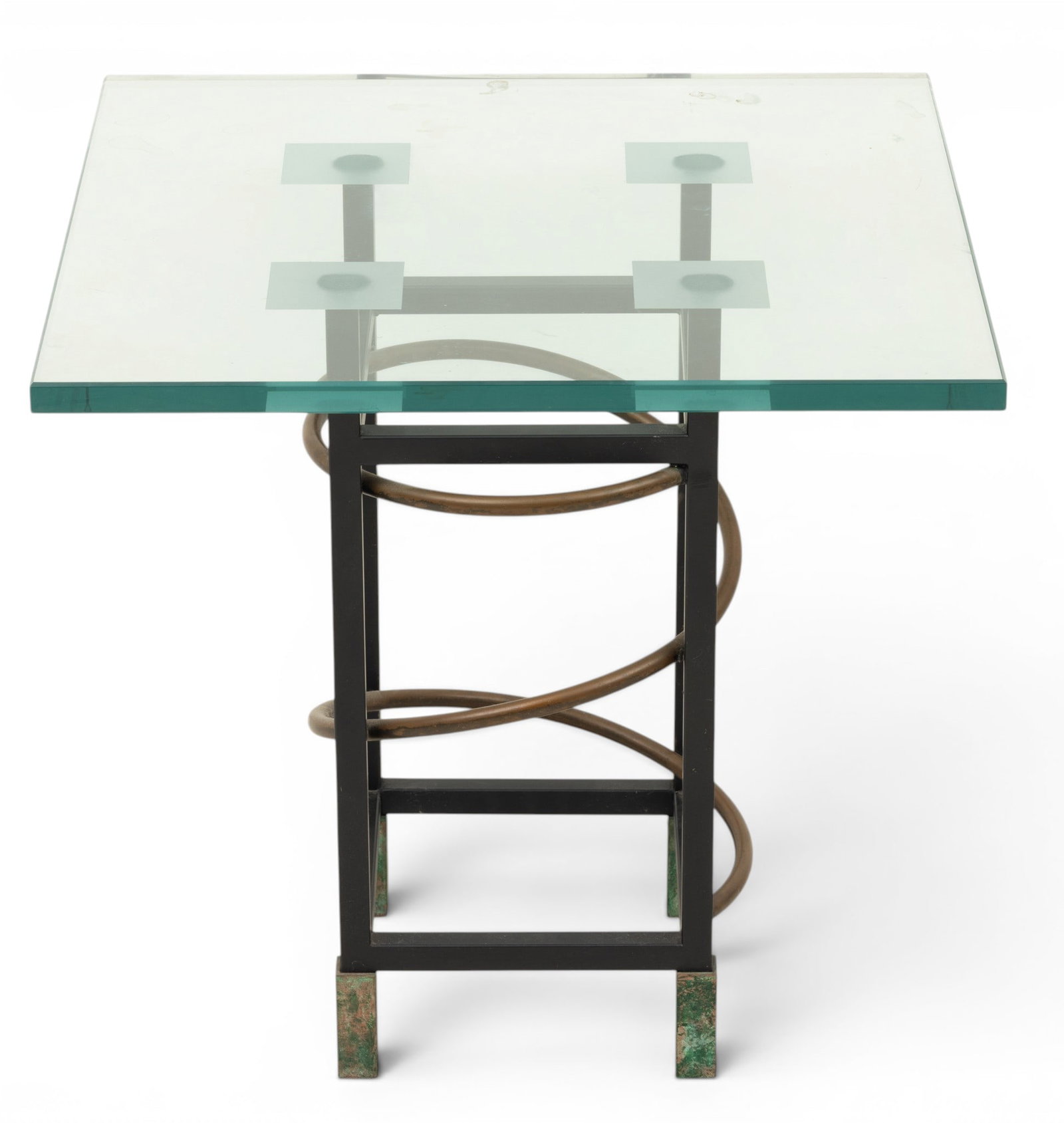 Glass Top and Patinated Metal Base Side Table, Late 20th C., H 21" W 21" Depth 21" (1 of 3)