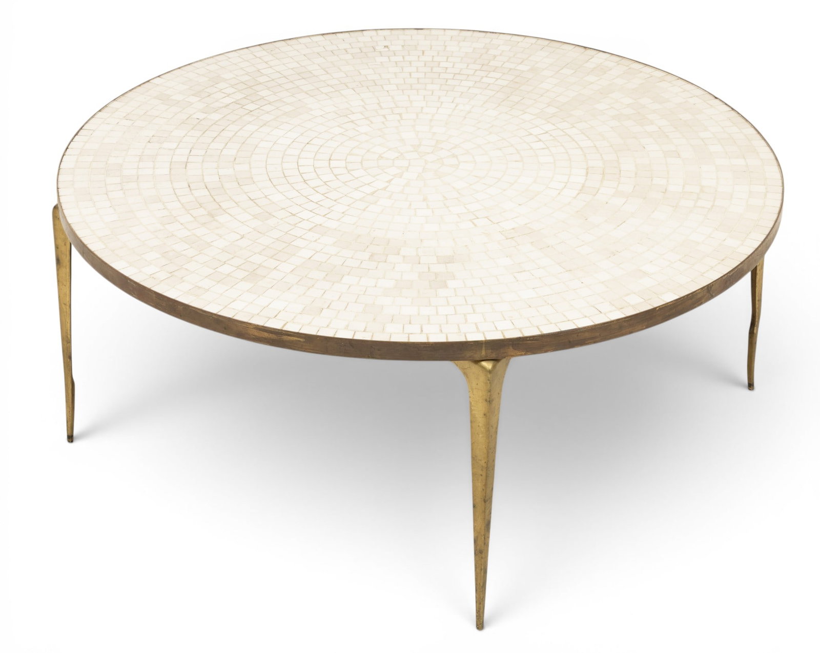 American Tile Top Coffee Table with a Brass Frame, Ca. Mid-20th C., H 16" Dia. 36" (1 of 3)