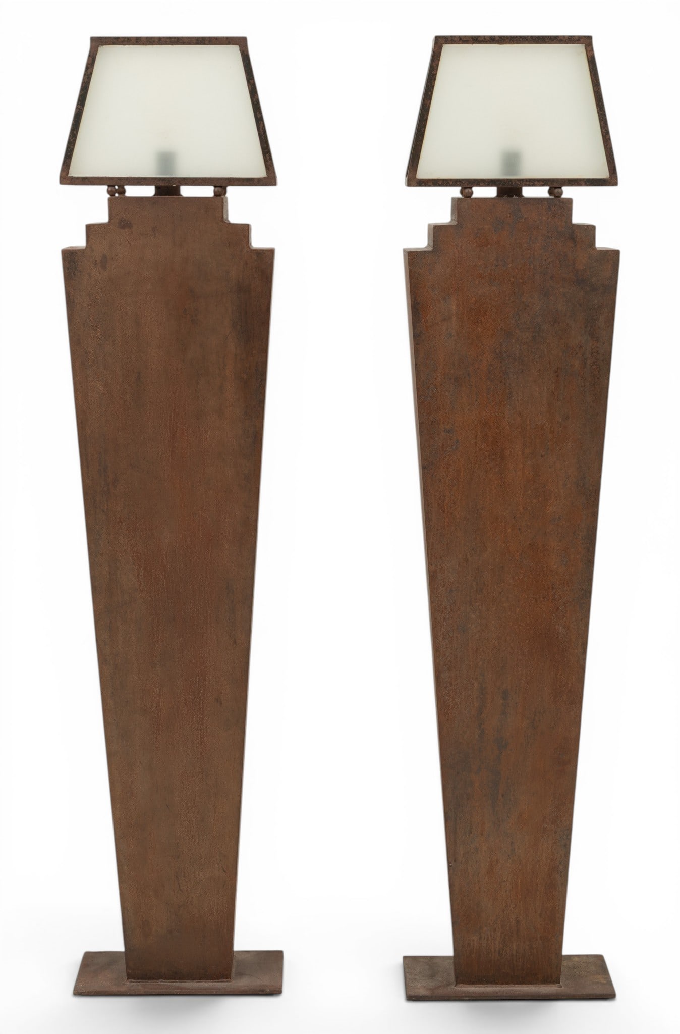 Misson-Style Floor Lamps, Ca. 1960, H 71" W 15" Depth 5" 1 PAIR: Misson-Style Floor Lamps, Ca. 1960, H 71" W 15" Depth 5" 1 PAIR Tapered metal column base and rectangular glass shade. Dimensions: H 71" W 15" Depth 5" 1 PAIR