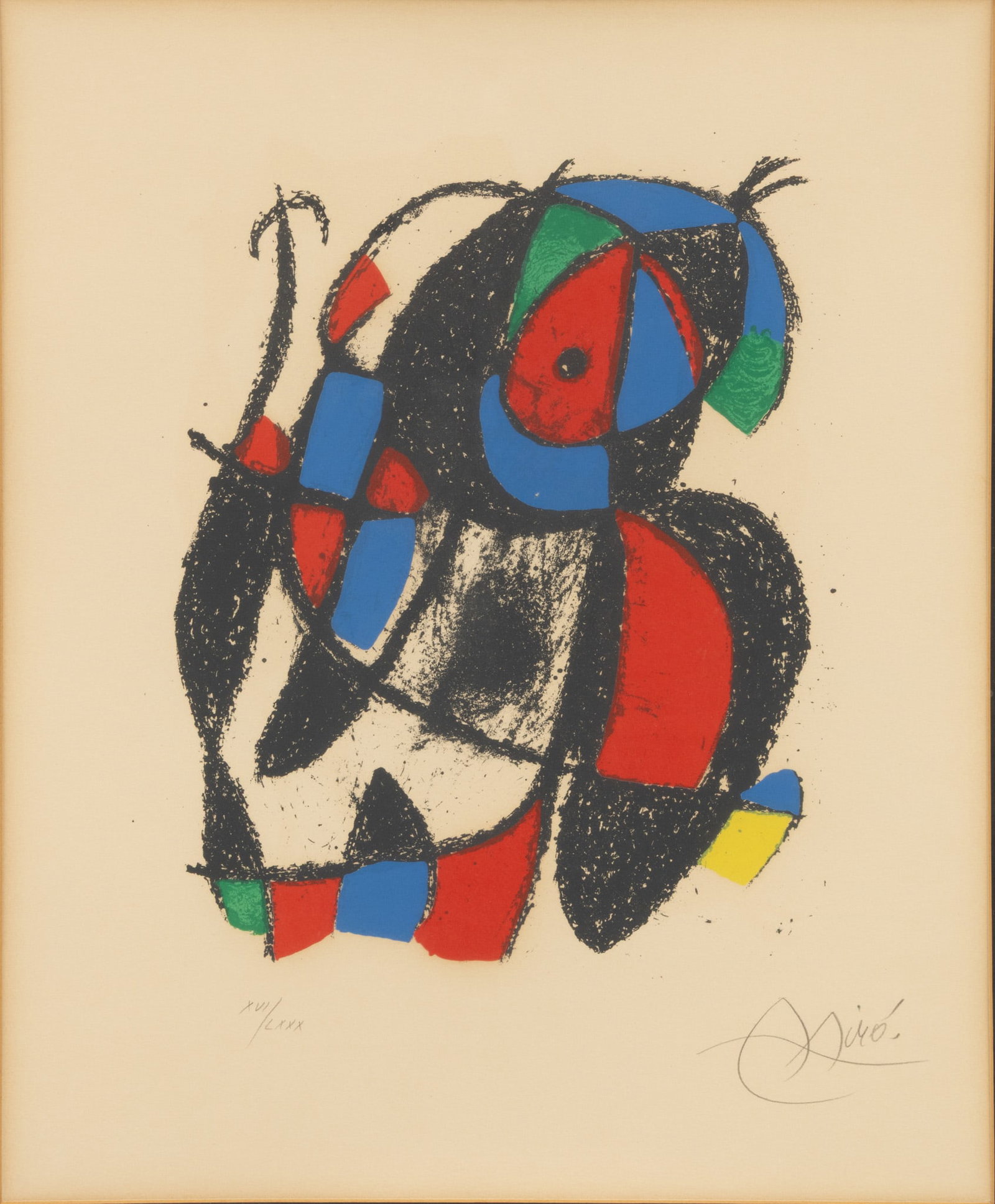 Joan Miro (Spanish, 1893-1893) Lithograph in Colors on Arches Paper, with Watermark 1975, 'Untitled: Joan Miro (Spanish, 1893-1893) Lithograph in Colors on Arches Paper, with Watermark 1975, 'Untitled (from Lithographie II)', H 17.5" W 14" Signed in pencil lower right, numbered XVI/LXXX, printed by M
