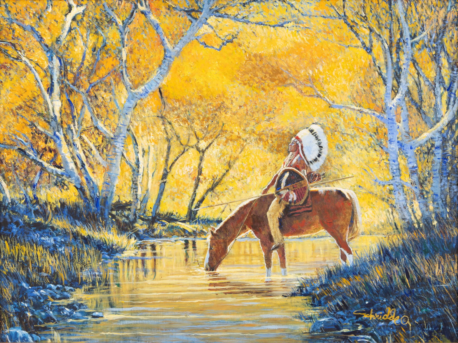 Charles Schridde (American, 1926-2011) Oil on Canvas, 'Native American on Horseback', H 30" W 40": Charles Schridde (American, 1926-2011) Oil on Canvas, 'Native American on Horseback', H 30" W 40" Signed lower right. Autumn scene of an Indian chief watering his horse in a shallow stream. Having a c