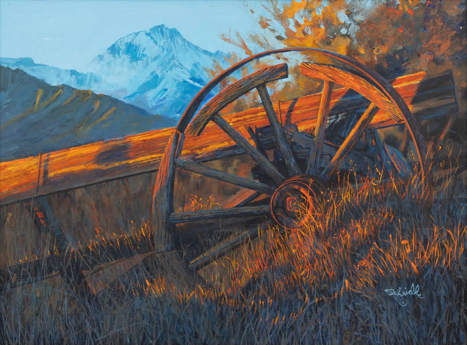 Charles Schridde (American, 1926-2011) Oil on Canvas, 'Trails West', H 30" W 40": Charles Schridde (American, 1926-2011) Oil on Canvas, 'Trails West', H 30" W 40" Signed lower right. Sunset view of a weathered wagon in tall grass with the Rocky Mountains in the background. Having a