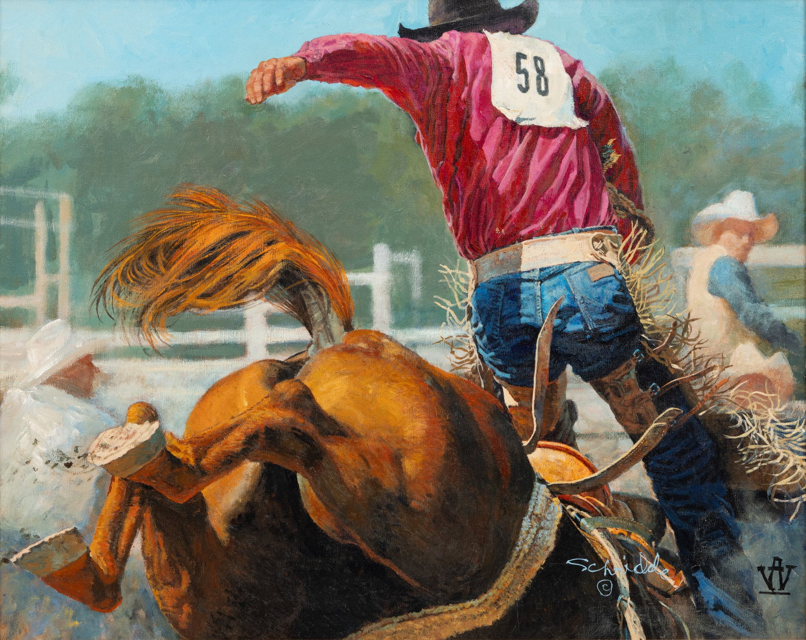 Charles Schridde (American, 1926-2011) Oil on Canvas, 'Rider #58', H 24" W 30.25": Charles Schridde (American, 1926-2011) Oil on Canvas, 'Rider #58', H 24" W 30.25" Signed lower right. Depicting a rodeo rider hanging on to a bucking bronco. Having a giltwood frame. Provenance: