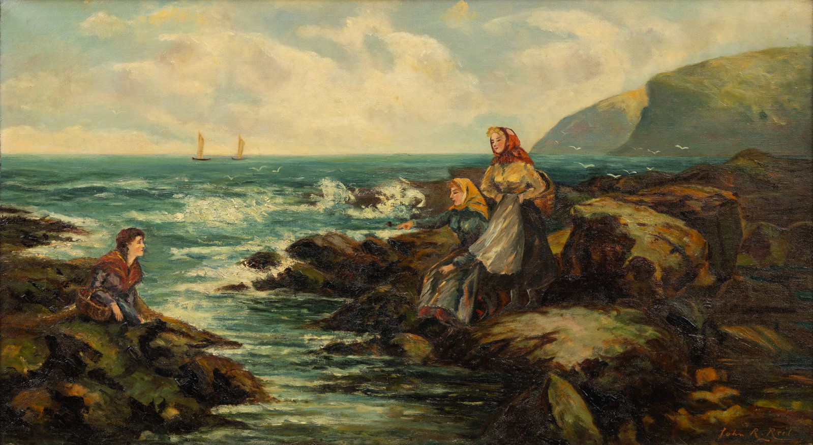 John Reid (Scottish, 1851-1926) Oil on Canvas 'Moulin Huet Guernsey', H 20" W 36": John Reid (Scottish, 1851-1926) Oil on Canvas 'Moulin Huet Guernsey', H 20" W 36" Depicting three women near rocky shoreline with sailboats on the horizon. Signed lower right and framed H. 27.5" W. 43