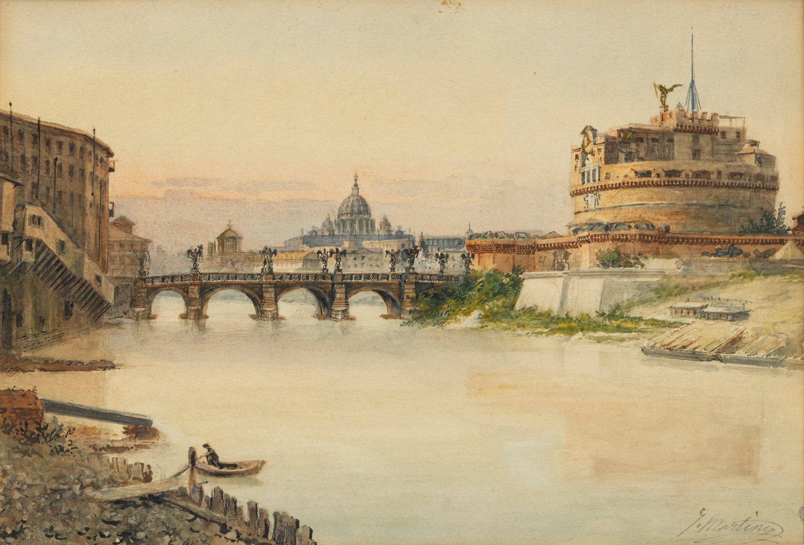 Juan Jiménez Martín (Spanish, 1858-1901) Watercolor on Paper, Ca. 1880-90, 'Castel: Juan Jiménez Martín (Spanish, 1858-1901) Watercolor on Paper, Ca. 1880-90, 'Castel Sant'Angelo, Roma', H 10.5" W 15" Signed lower right. A view of the Castel Sant'Angelo and the Ponte S
