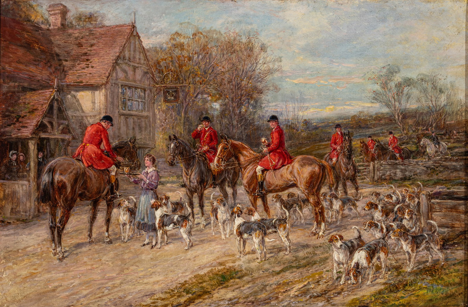 Heywood Hardy (English, 1842-1933) Oil on Canvas 'Hounds and Horsemen at an Inn', H 20" W 30" (1 of 10)