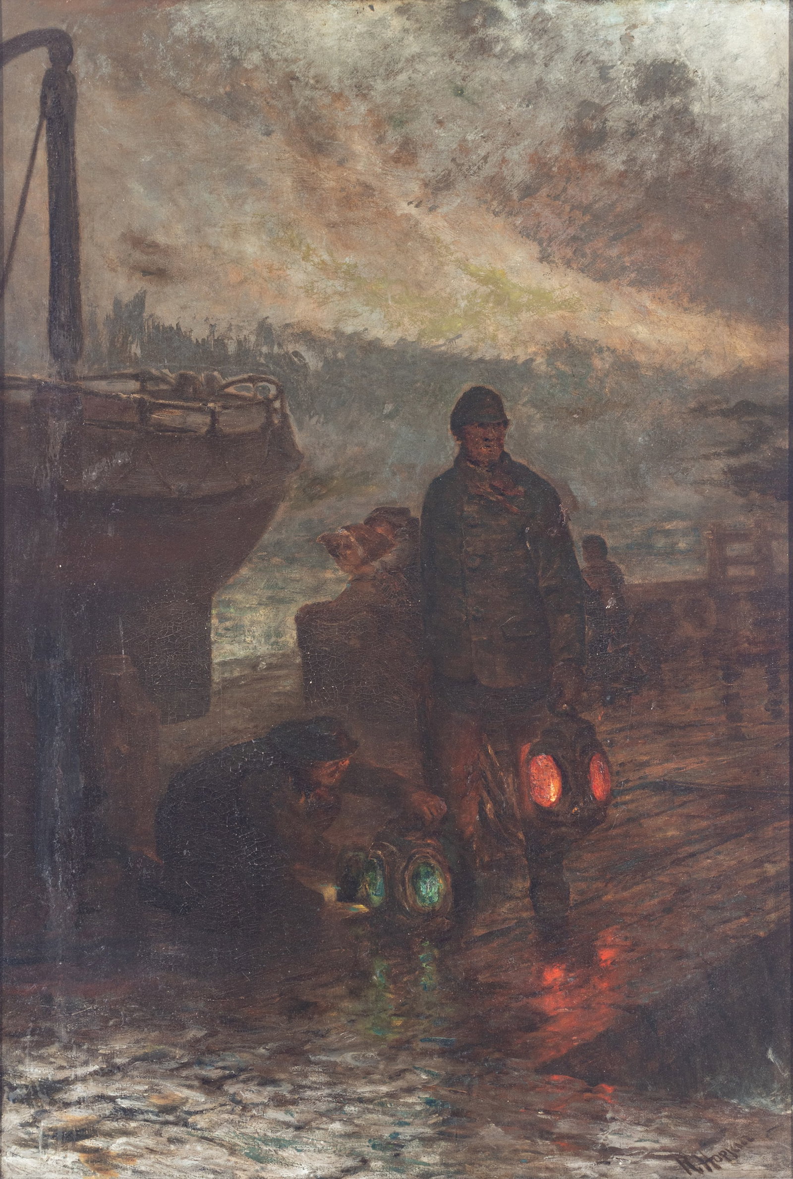 Robert Hopkin (American, 1832-1909) Oil on Canvas, 1897, 'Setting the Lights', H 48" W 33" (1 of 10)