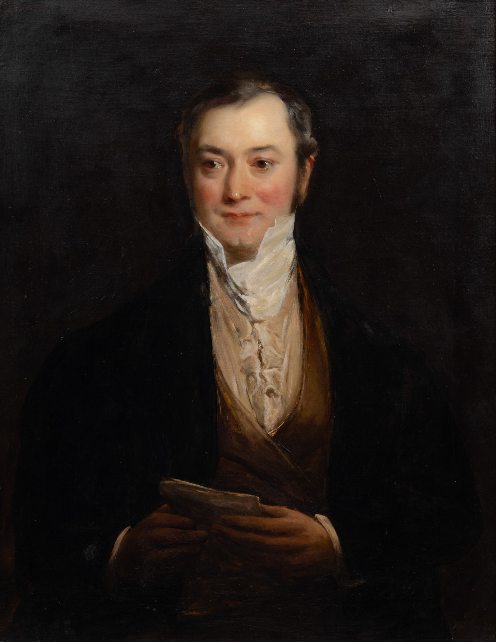 English Oil on Canvas, Ca. 1830s, 'Portrait of a Gentleman', H 36" W 28": English Oil on Canvas, Ca. 1830s, 'Portrait of a Gentleman', H 36" W 28" Unsigned. Half length portrait of a gentleman wearing a dark frock coat, tan waist coat and a lace cravat over a high collar. H