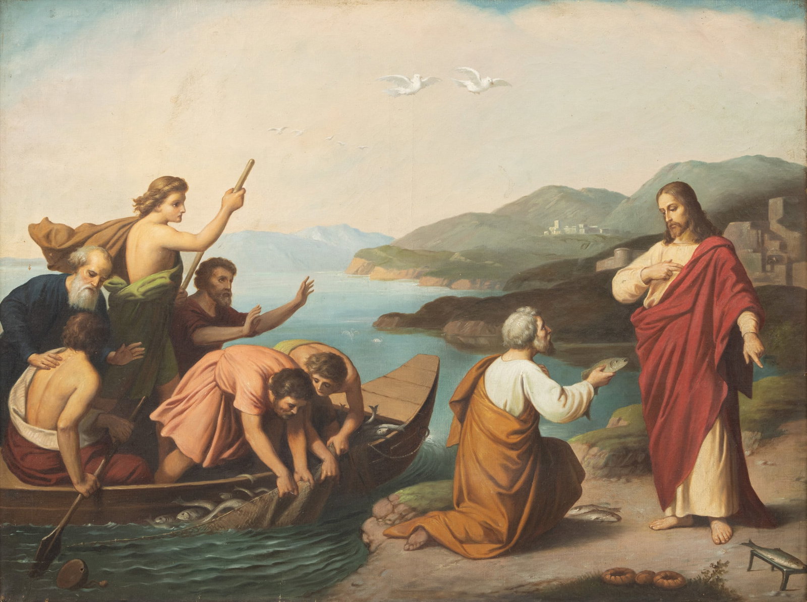 After Johann Schraudolph (German, 1808-1879) Oil on Canvas, Ca. Late 19th C., 'Peter and the: After Johann Schraudolph (German, 1808-1879) Oil on Canvas, Ca. Late 19th C., 'Peter and the Miraculous Draught of Fishes', H 29" W 38.5" Unsigned. Depicting Peter kneeling before Jesus with a fish in