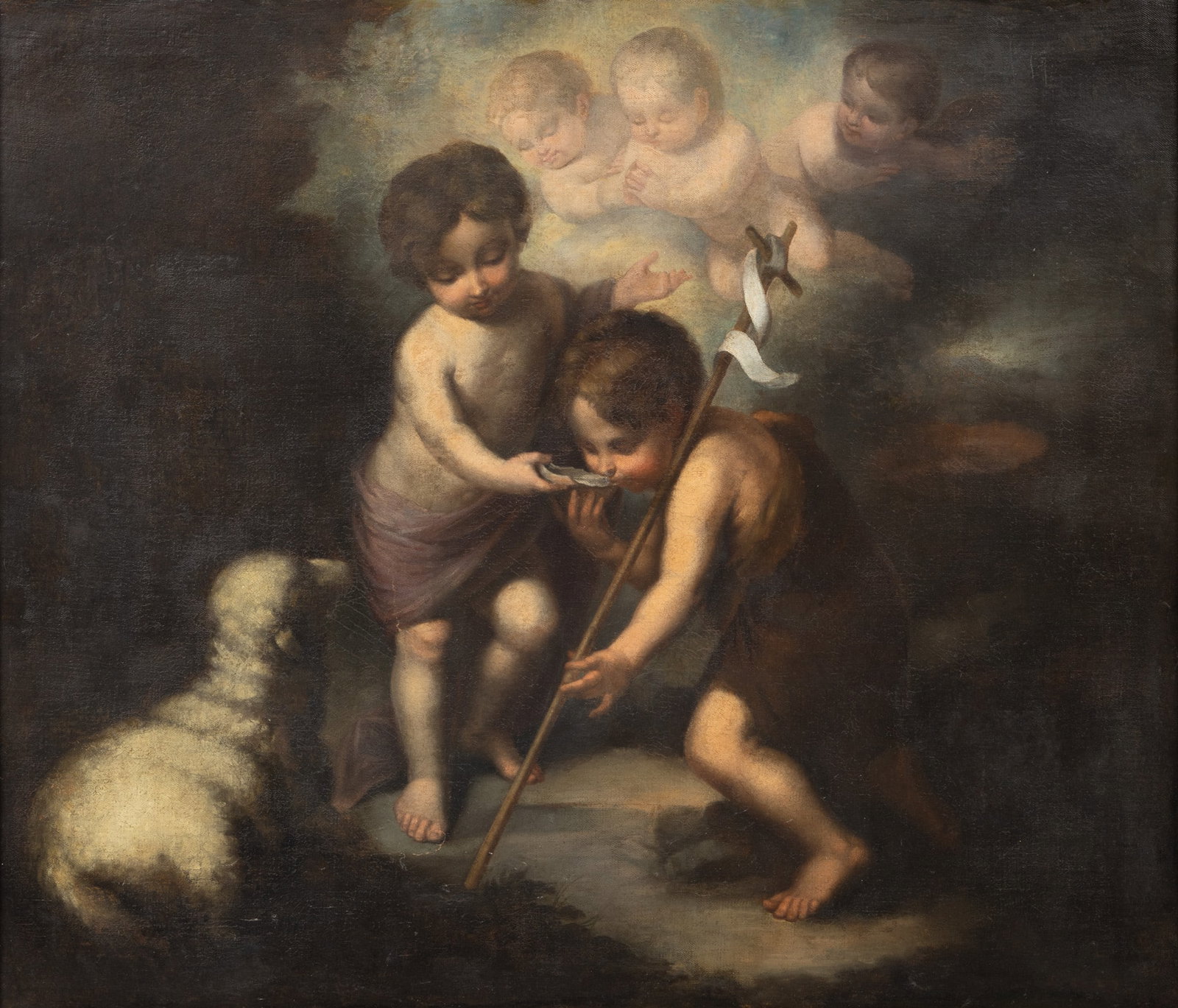 After Bartolomé Esteban Murillo (Spanish, 1617-1682) Oil on Canvas, Ca. 19th C., 'The Infant: After Bartolomé Esteban Murillo (Spanish, 1617-1682) Oil on Canvas, Ca. 19th C., 'The Infant Christ and Saint John the Baptist with a Shell', H 30.5" W 35" Unsigned. After the 1670 oil on canvas 