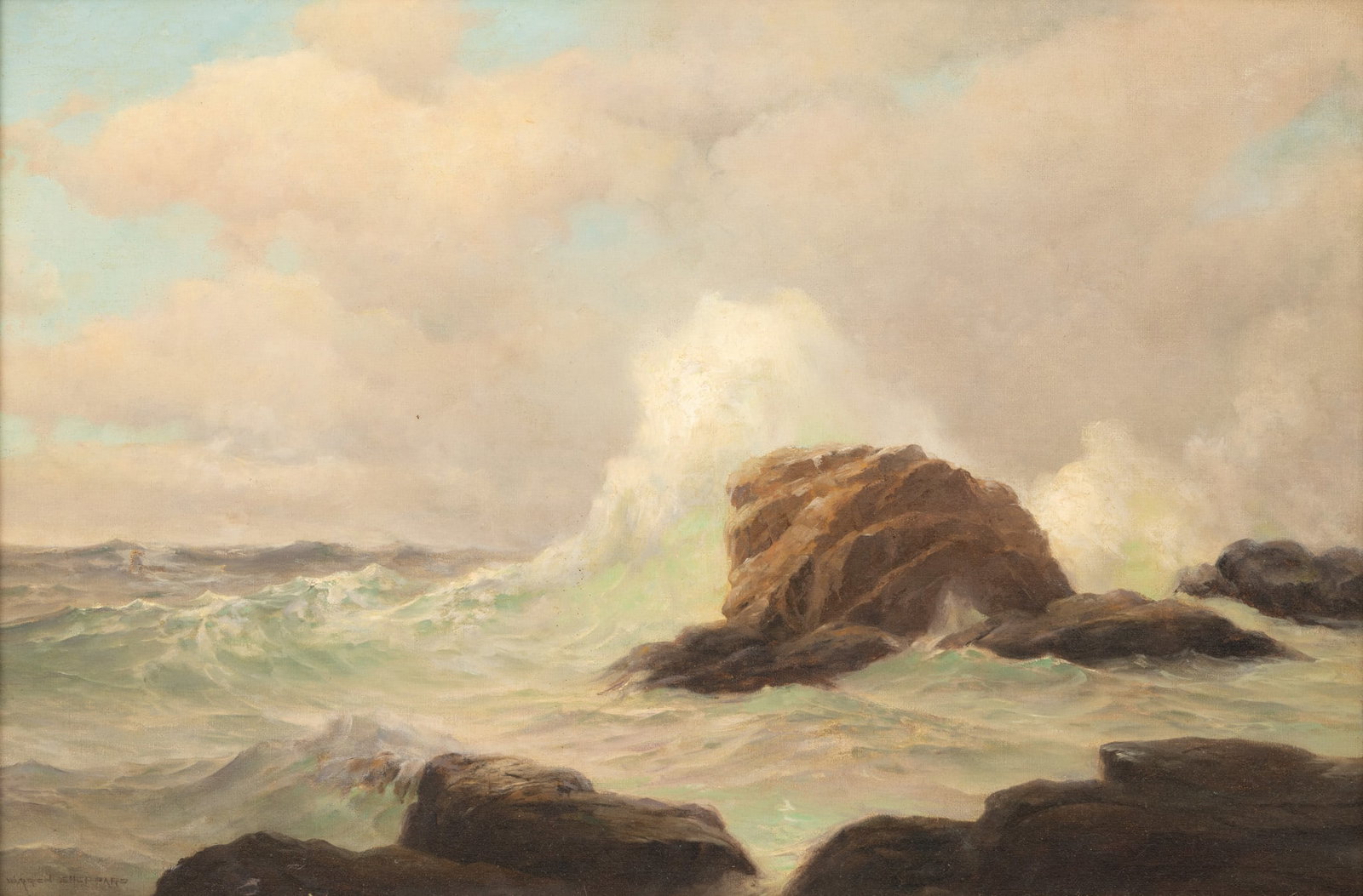 J Warren Sheppard (American, 1882-1943) Oil on Canvas, Ca. 1930's, 'Rocky Coastal Scene', H 20" W: J Warren Sheppard (American, 1882-1943) Oil on Canvas, Ca. 1930's, 'Rocky Coastal Scene', H 20" W 30" Signed lower right. Provenance: Eldred's 11/21/1997 Dimensions: H 20" W 30" Frame Size: H 28