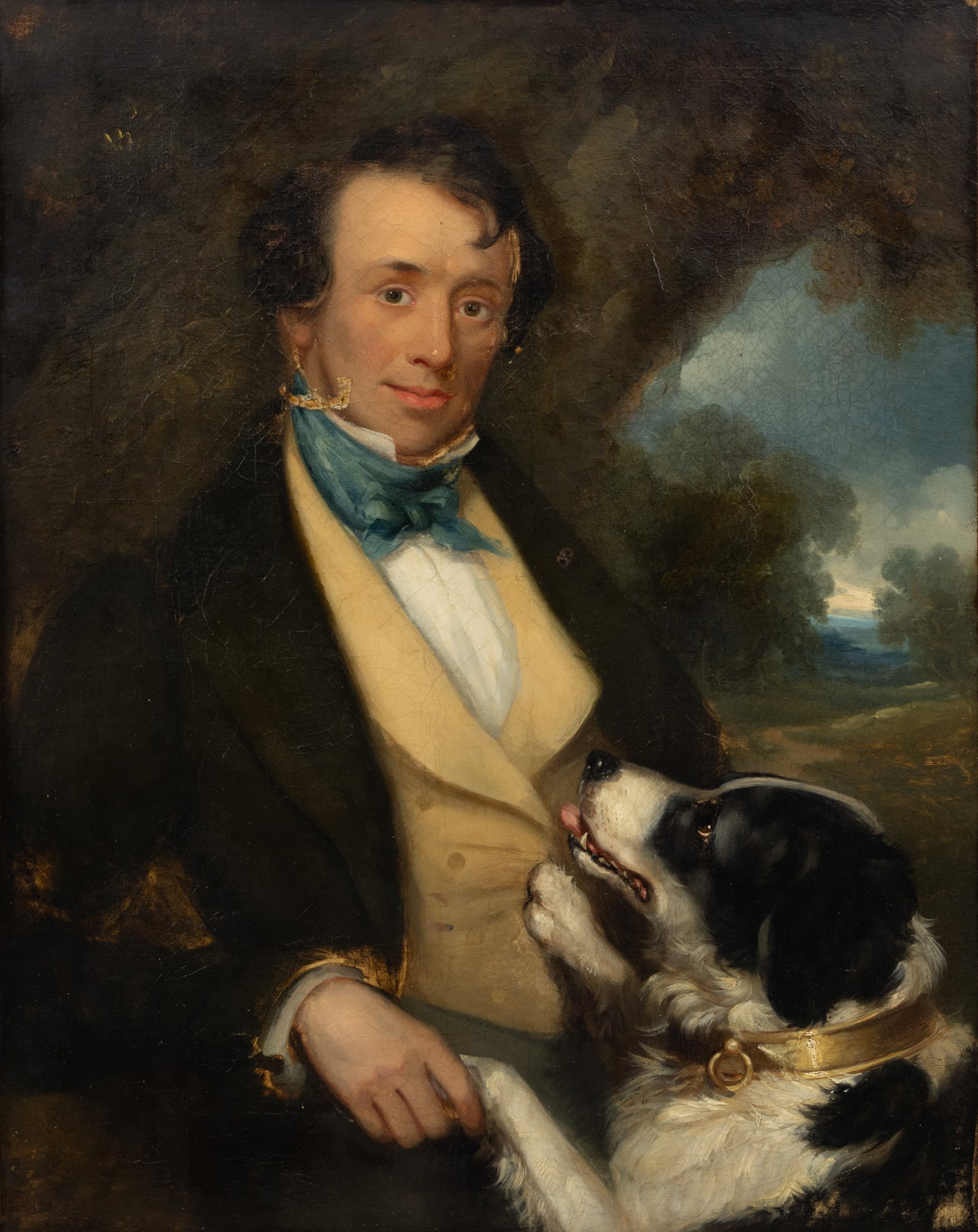 English Oil on Canvas Portrait C.1840, 'A Gentleman and His Dog', H 36.5" W 27.75": English Oil on Canvas Portrait C.1840, 'A Gentleman and His Dog', H 36.5" W 27.75" Depicting a gentleman in a yellow vest and blue tie. Gentleman is depicted with his dog wearing a brass collar. Gladw
