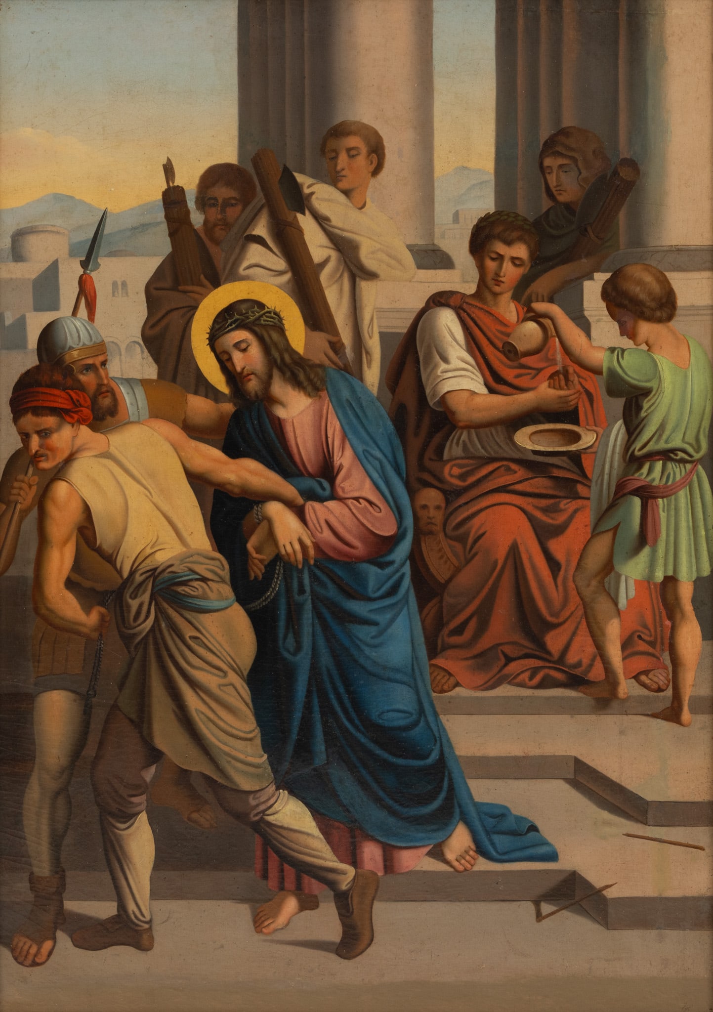European Oil on Canvas, Ca. 19th C., 'Jesus Condemned to Death', H 41" W 29": European Oil on Canvas, Ca. 19th C., 'Jesus Condemned to Death', H 41" W 29" Unsigned. Depicting the first Station of the Cross. The condemned Jesus is lead away by two guards as Pontius Pilate washes