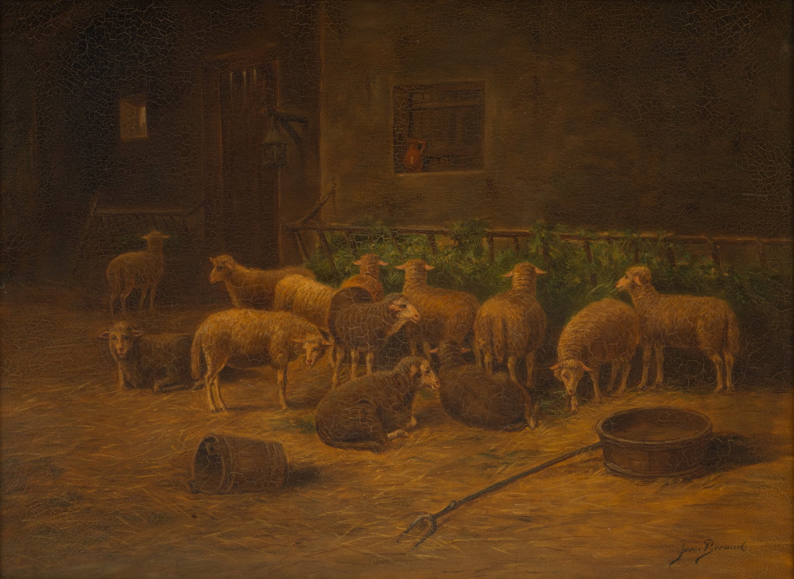 French Oil on Canvas, Ca. Late 19th C., 'Sheep Feeding in a Barn', H 21.5" W 29": French Oil on Canvas, Ca. Late 19th C., 'Sheep Feeding in a Barn', H 21.5" W 29" Interior scene of a small flock of sheep feeding from a hay rack. Water trough, bucket and pitchfork lay on the hay str