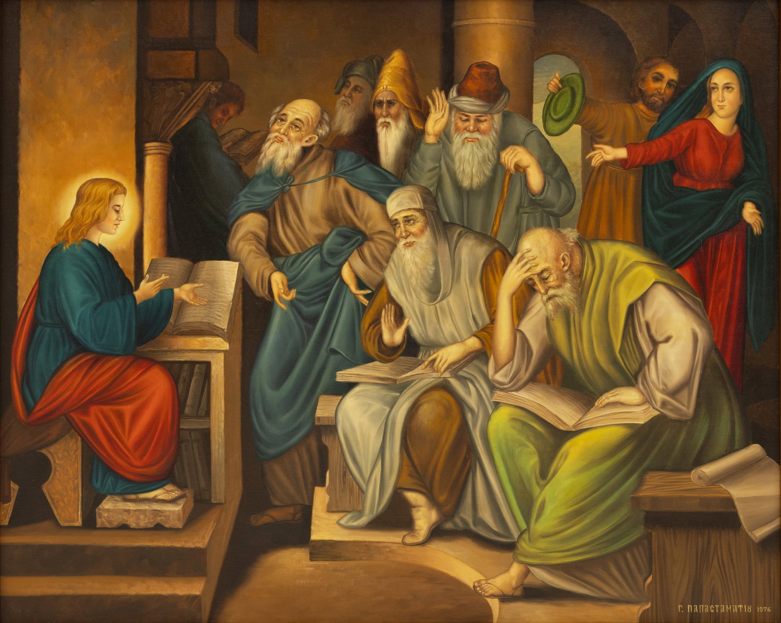 Greek Oil on Canvasboard, 1976, 'Christ Among the Doctors', H 37" W 46": Greek Oil on Canvasboard, 1976, 'Christ Among the Doctors', H 37" W 46" Signed in Greek lower right and dated 1976. Signature appears to read "G. Papastamatiou". Likely the Byzantine iconographer 