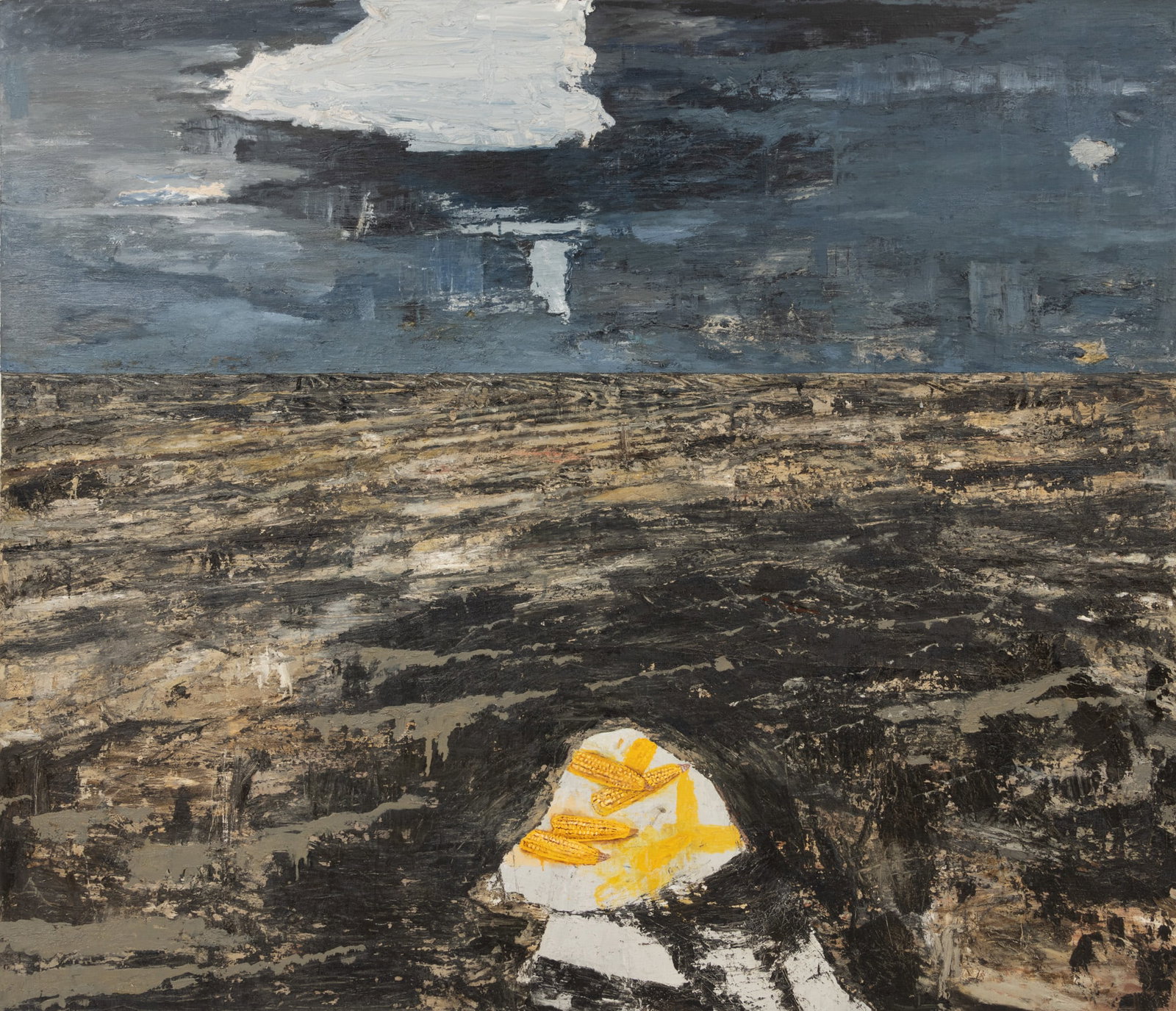 Kevin Meisel (American, 20th C.) Oil on Canvas, Abstract Landscape, Ca. 1980s, H 72" W 84": Kevin Meisel (American, 20th C.) Oil on Canvas, Abstract Landscape, Ca. 1980s, H 72" W 84" Stretched canvas, unframed. Signed on stretcher verso. An abstract landscape under a dark sky with cobs of co