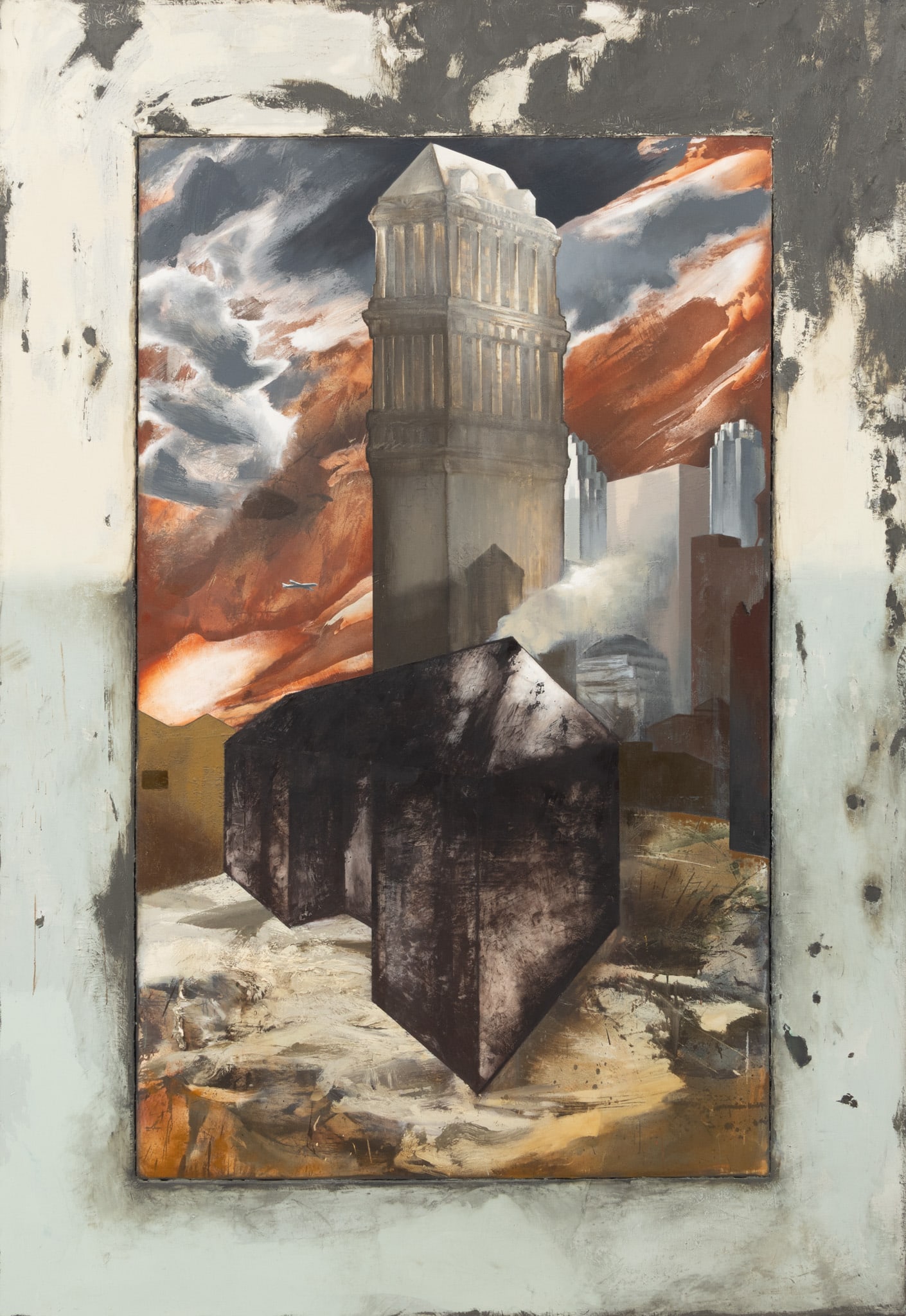 James Stephens (American, B. 1961) Oil on Canvas, 1988, 'Downtown', H 84" W 58.25": James Stephens (American, B. 1961) Oil on Canvas, 1988, 'Downtown', H 84" W 58.25" Broadway Gallery label verso with artist, title and date. Depicting a city skyline. Central composition framed with a