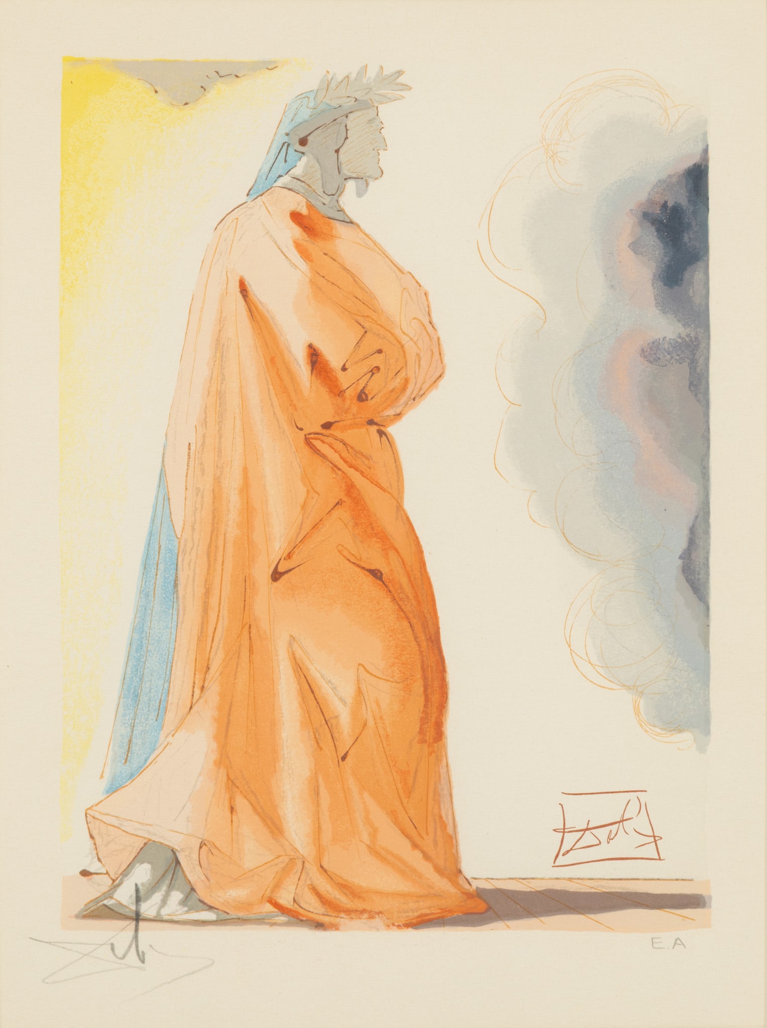 Salvador Dali (Spanish, 1904-1989) Woodcut on Paper, 'Dante from the Divine Comedy', H 9.5" W 7": Salvador Dali (Spanish, 1904-1989) Woodcut on Paper, 'Dante from the Divine Comedy', H 9.5" W 7" Pencil signed lower left, EA lower right. Matted and framed under glass. Dimensions: H 9.5" W 7" 