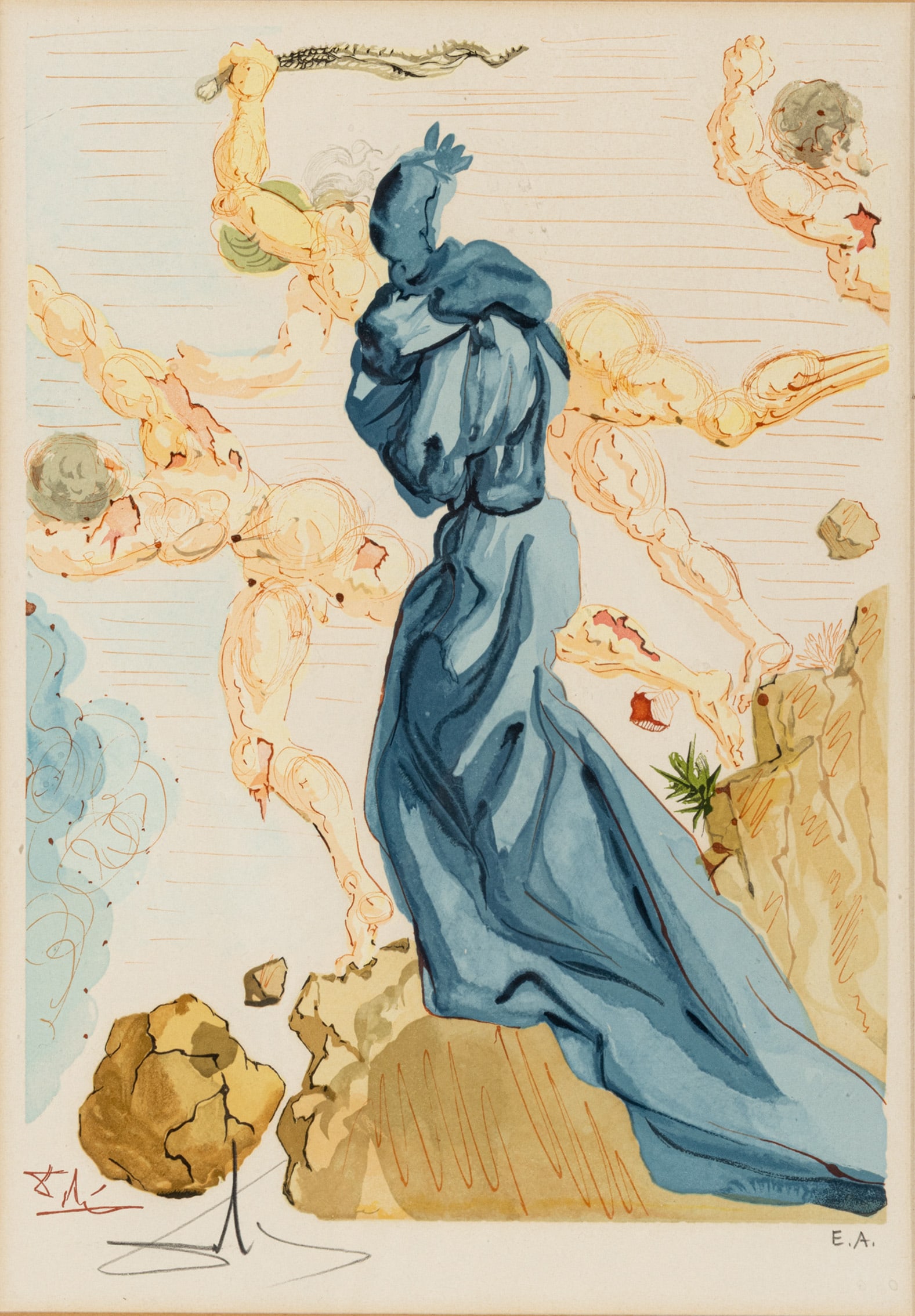 Salvador Dali (Spanish, 1904-1989) Woodcut Engraving in Colors on Paper 'Divine Comedy: One Plate',: Salvador Dali (Spanish, 1904-1989) Woodcut Engraving in Colors on Paper 'Divine Comedy: One Plate', H 11" W 7.5" Signed in pencil lower left and annotated EA lower right. Provenance: Property from a p