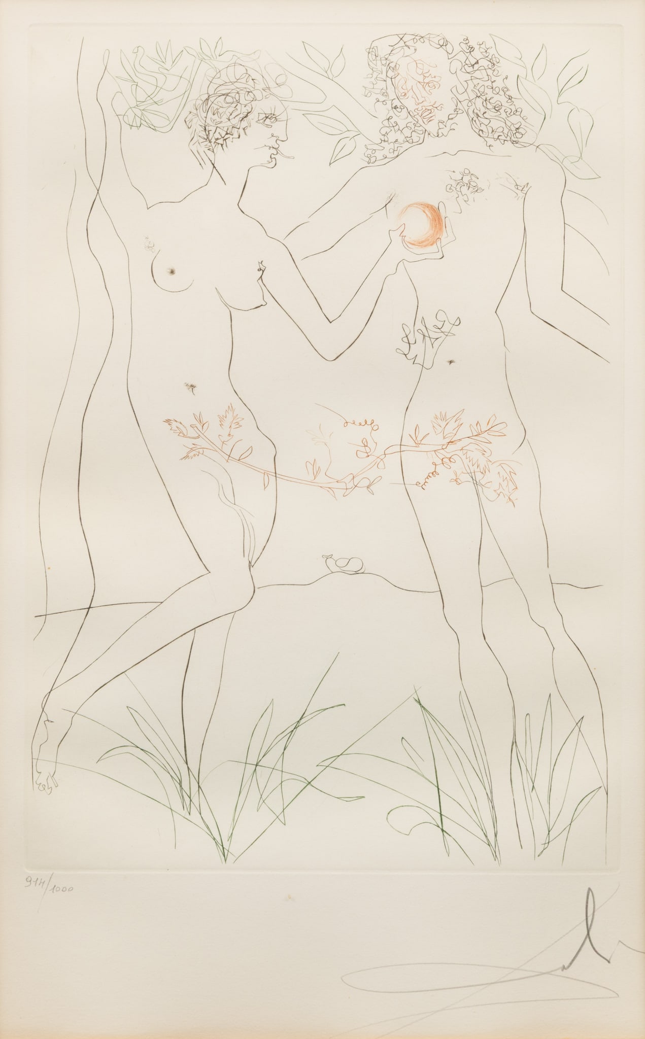 Salvador Dali (Spanish, 1904-1989) Engraving on Paper, 'Adam and Eve', H 15.5" W 10.75": Salvador Dali (Spanish, 1904-1989) Engraving on Paper, 'Adam and Eve', H 15.5" W 10.75" Signed lower right with an edition of 914/1000 lower left. Matted and framed under acrylic. Dimensions: H 