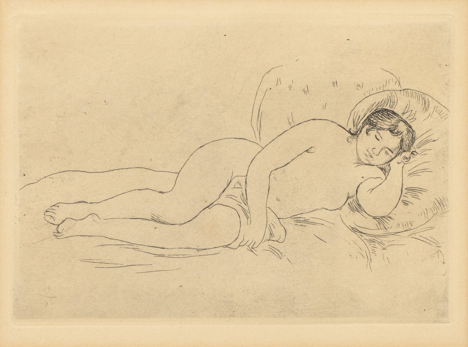 Pierre Auguste Renoir (French, 1841-1919) Etching on Laid Paper, Ca. 1906, 'Femme Nue Couchée: Pierre Auguste Renoir (French, 1841-1919) Etching on Laid Paper, Ca. 1906, 'Femme Nue Couchée (Tournée À Droite)', H 5.1" W 7.8" Published in 1909 by Theodore Duret, Die Impressio