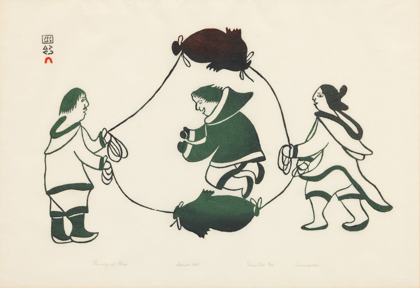 Sorosiluto Ashoona (Inuit Cape Dorset, Nunavut, CA, 1941-2011) Stone Cut on Japon Paper 1969,: Sorosiluto Ashoona (Inuit Cape Dorset, Nunavut, CA, 1941-2011) Stone Cut on Japon Paper 1969, 'Family at Play', H 15.75" W 23" Signed, titled, dated, numbered, and signed in pencil on lower edge. Kinn