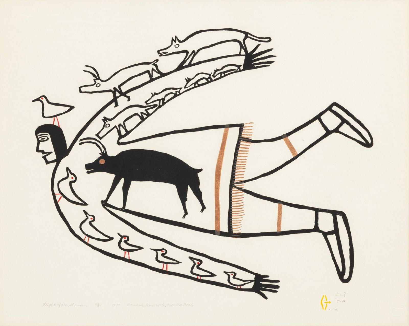 Jessie Oonark , O.C., R.C.A. ᔪᓯ ᐃᓇ (Dorset, Canada, 1906-1985) Stonecut on: Jessie Oonark , O.C., R.C.A. ᔪᓯ ᐃᓇ (Dorset, Canada, 1906-1985) Stonecut on Wove Paper, 1973, 'Flight of the Shamen', SN: 23/50, H 19" W 23.75" Signed, titled, numbered, and dat