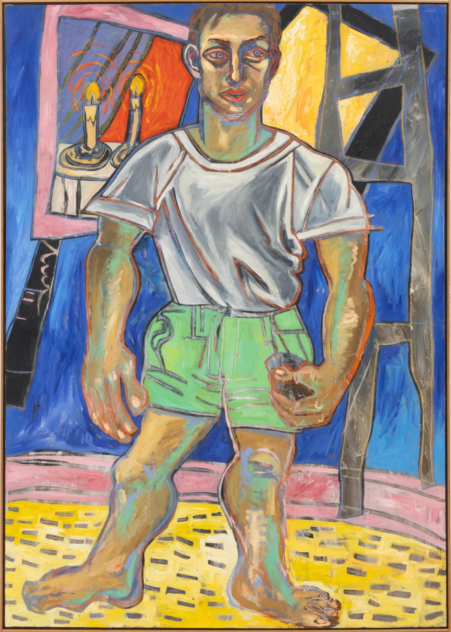 Bonita Goldman Easton Oil on Canvas 'Full Length Portrait of a Man', H 72" W 49": Bonita Goldman Easton Oil on Canvas 'Full Length Portrait of a Man', H 72" W 49" As stylized portrait of a barefoot man in a white t-short and green shorts. Dimensions: H 72" W 49" Frame Size: H