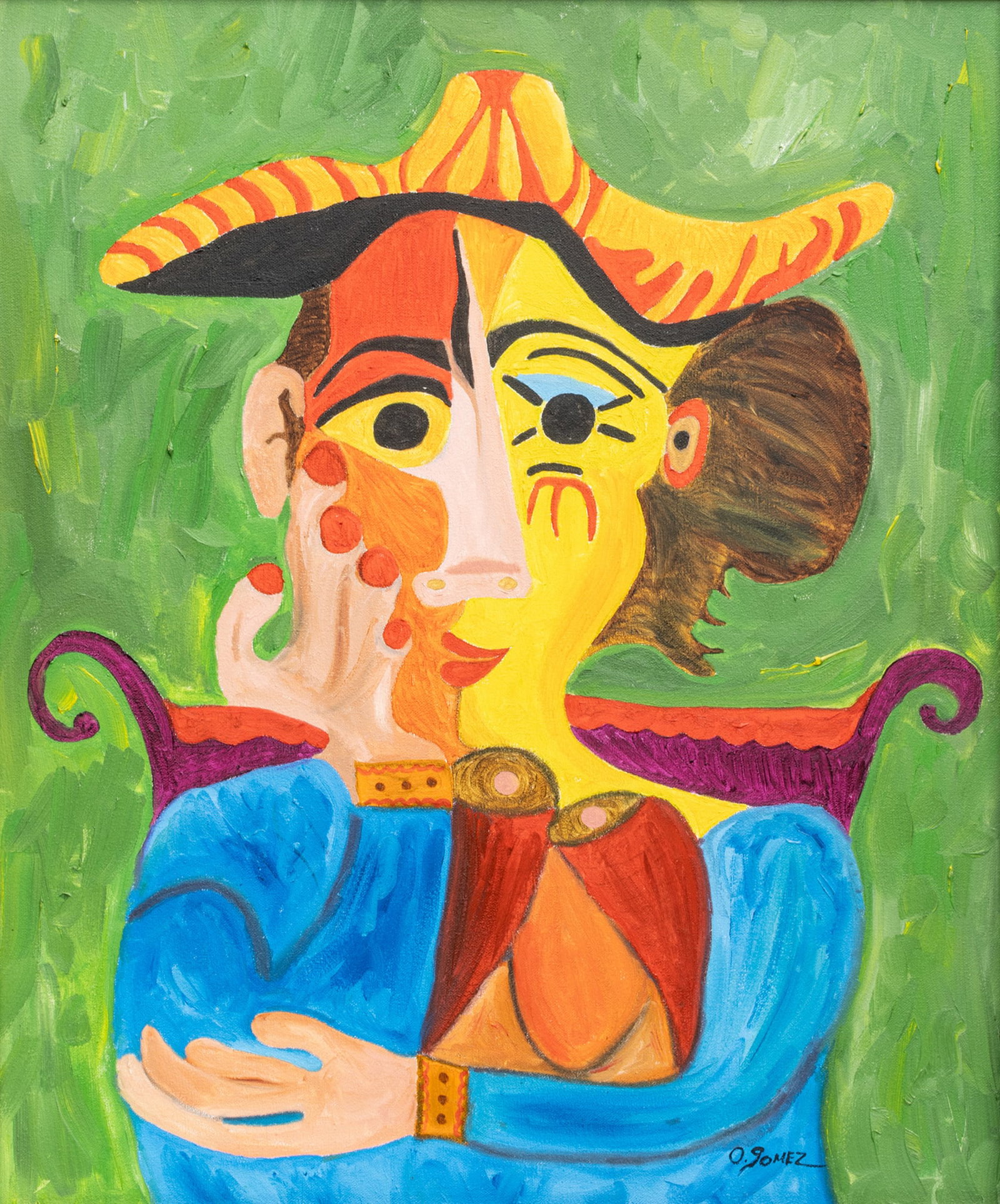 Obed Gómez (Puerto Rican, B. 1966) Oil on Canvas 20th C., 'Her', H 24" W 20": Obed Gómez (Puerto Rican, B. 1966) Oil on Canvas 20th C., 'Her', H 24" W 20" Portrait of a woman in a yellow hat. Signed lower right. Signed and titled verso. Provenance: Private Collector,