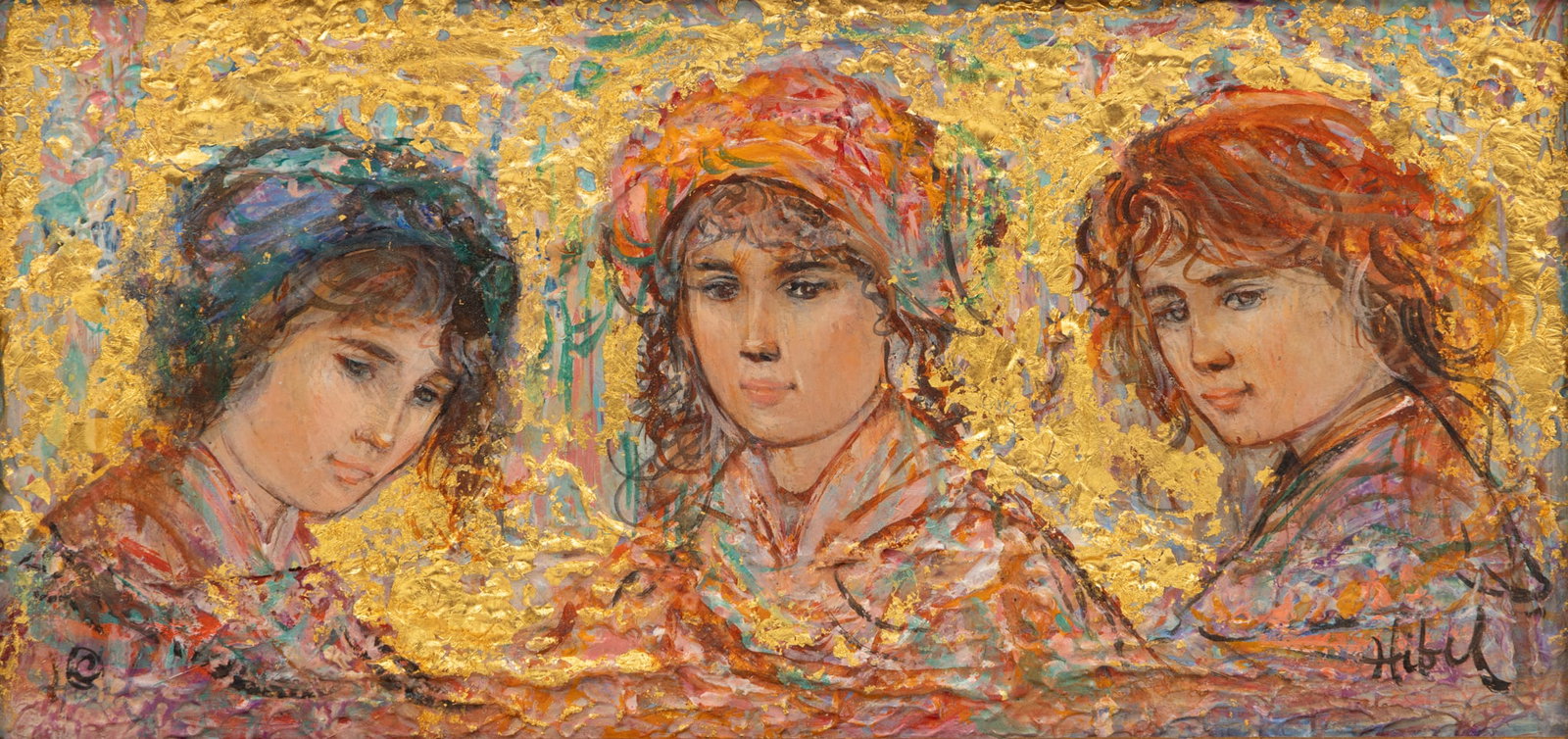 Edna Hibel (American, 1917-2014) Oil on Wood and Shell 20th Cent., 'Three Sisters', H 6" W 11.5": Edna Hibel (American, 1917-2014) Oil on Wood and Shell 20th Cent., 'Three Sisters', H 6" W 11.5" Portrait of three sisters, oil on shells mounted to wood panel, signed lower right and a Gold leaf back