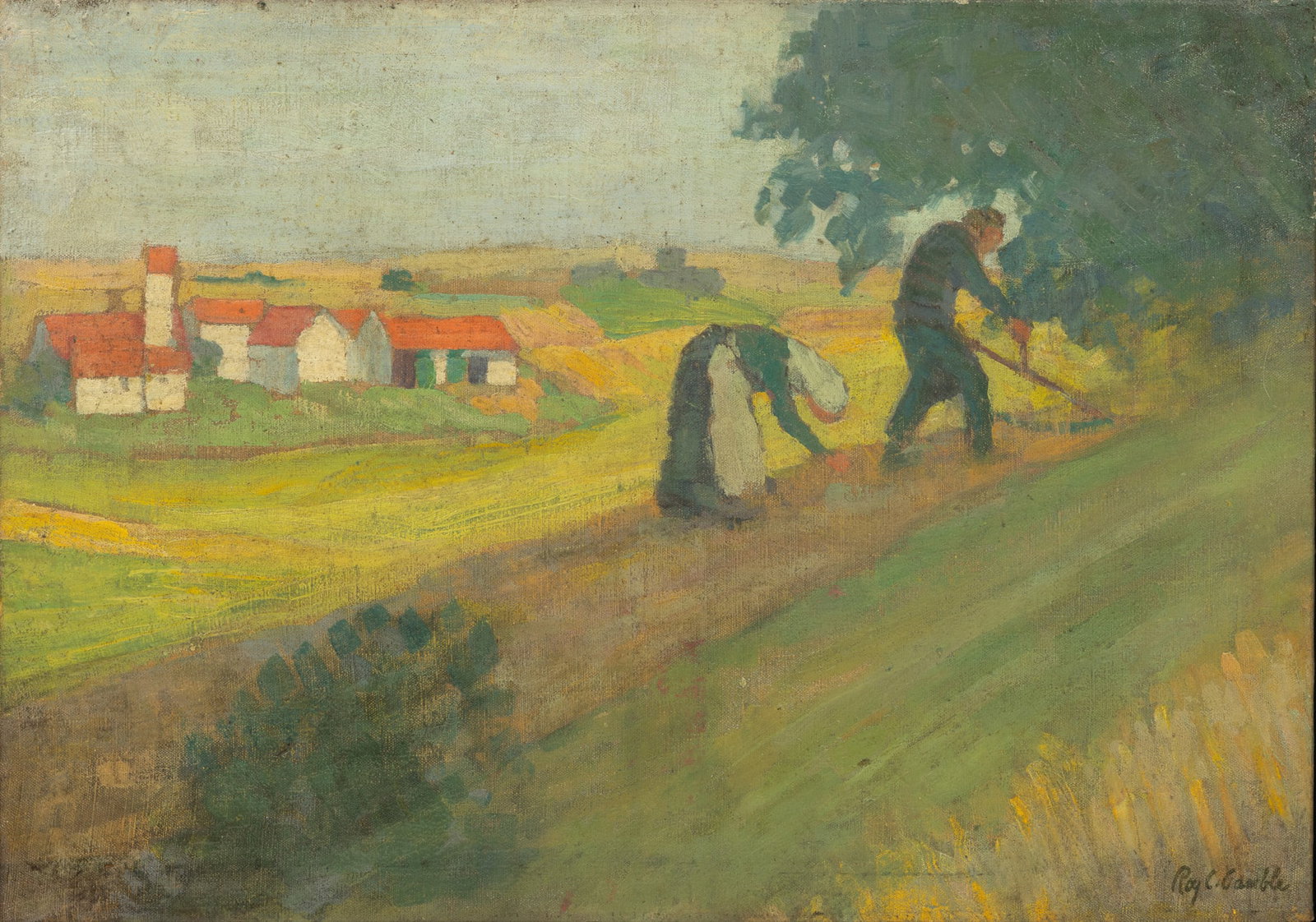 Roy Gamble (American, Michigan, 1887-1972) Oil on Canvas Early 20th C., 'Workers', H 16" W 24" (1 of 5)