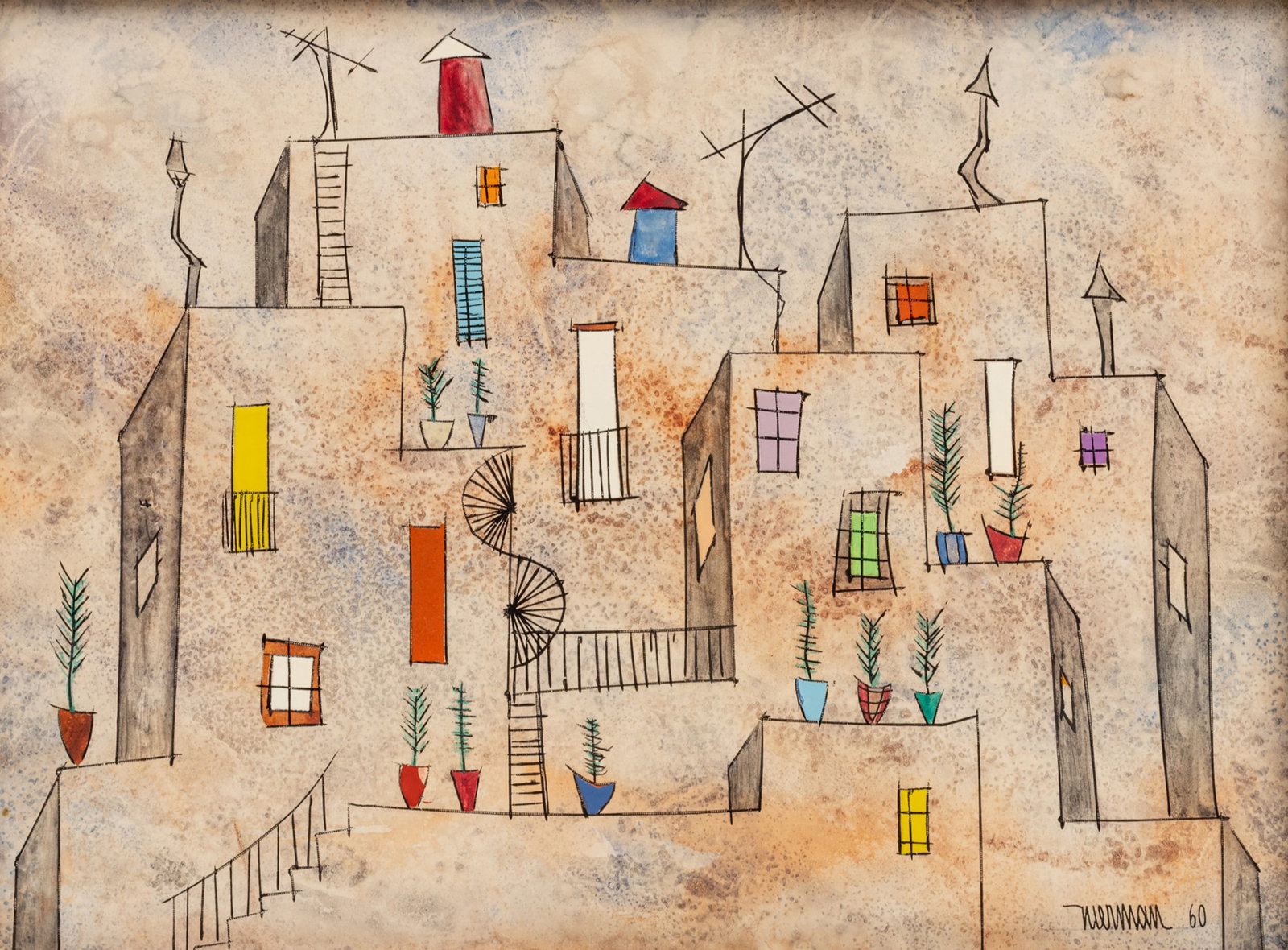 Leonardo Nierman (Mexican, B. 1932) Acrylic on Masonite, 1960, 'Vecinidad', H 9" W 12" (1 of 8)