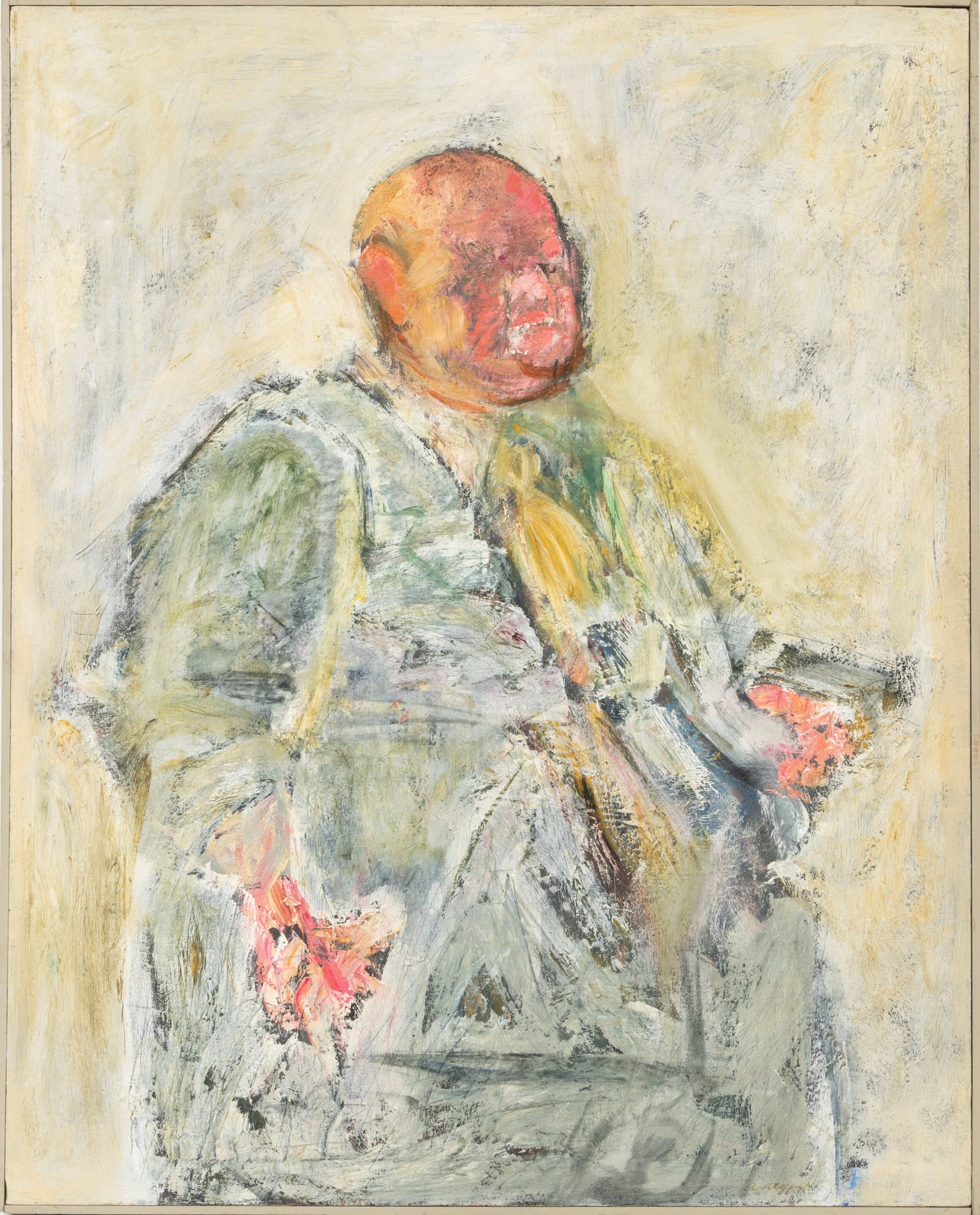 Richard Jerzy (American, 1943-2001) Oil on Canvas, 1966, 'Fat Man', H 40" W 32": Richard Jerzy (American, 1943-2001) Oil on Canvas, 1966, 'Fat Man', H 40" W 32" Signed and dated lower right. Signed on verso as well. Portrait of rotund seated gentleman. Titled on label verso. Havin