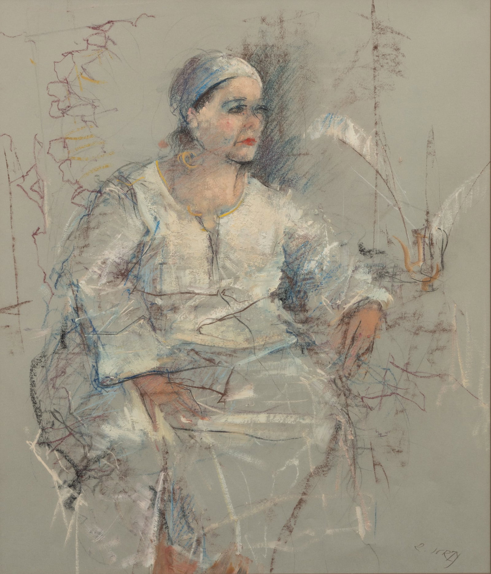 Richard Jerzy (American, 1943-2001) Mixed Media on Paper, Portrait of a Seated Woman, H 21.25" W 18" (1 of 5)