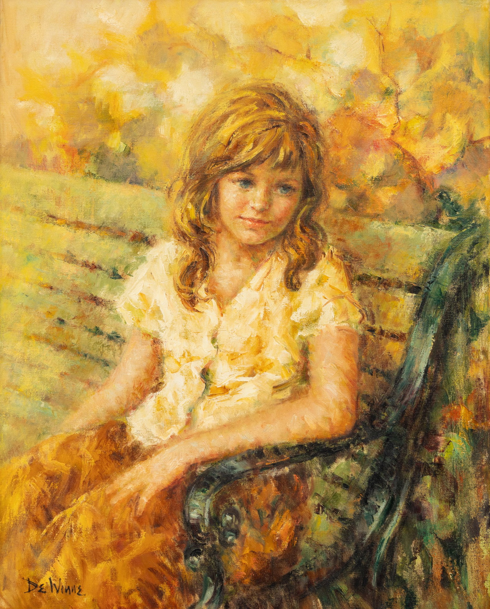 Lizette DeWinne Oil on Canvas 20th Cent., 'Park Bench', H 30" W 24": Lizette DeWinne Oil on Canvas 20th Cent., 'Park Bench', H 30" W 24" Young woman seated on a park bench. Signed lower left and framed H. 40.5" W. 34.25" Provenance: From an Allen Park Michigan Collecto