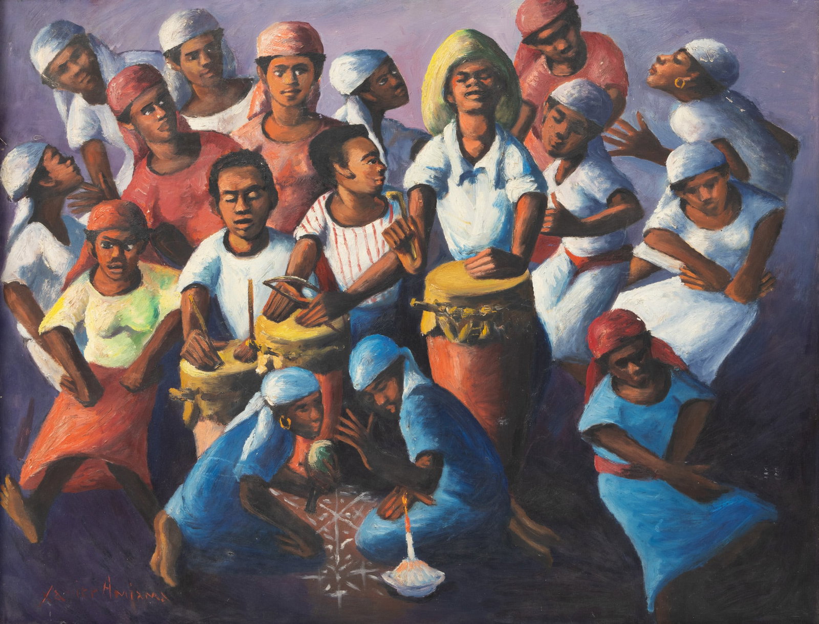 Xavier Amiama (Dominican/Haitian, 1910-1969) Oil on Board, 'Voodoo Ceremony', H 23" W 30": Xavier Amiama (Dominican/Haitian, 1910-1969) Oil on Board, 'Voodoo Ceremony', H 23" W 30" Signed lower left. Depicting a nighttime voodoo ceremony. Two devotees kneel at a vèvè on t