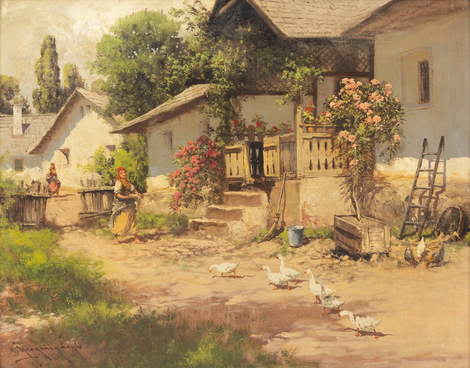 Laszlo Neogrady (Hungarian, 1896-1962) Oil on Canvasboard, 'Young Woman in Farmyard', H 24" W 30": Laszlo Neogrady (Hungarian, 1896-1962) Oil on Canvasboard, 'Young Woman in Farmyard', H 24" W 30" Signed lower left. A rural Hungarian scene depicting geese and chickens feeding in the front yard of a