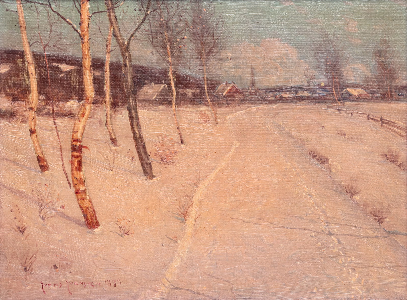 Svend Rasmussen Svendsen (American, 1864-1945) Oil on Canvas 1898, 'Winter Village Scene', H 12" W (1 of 6)