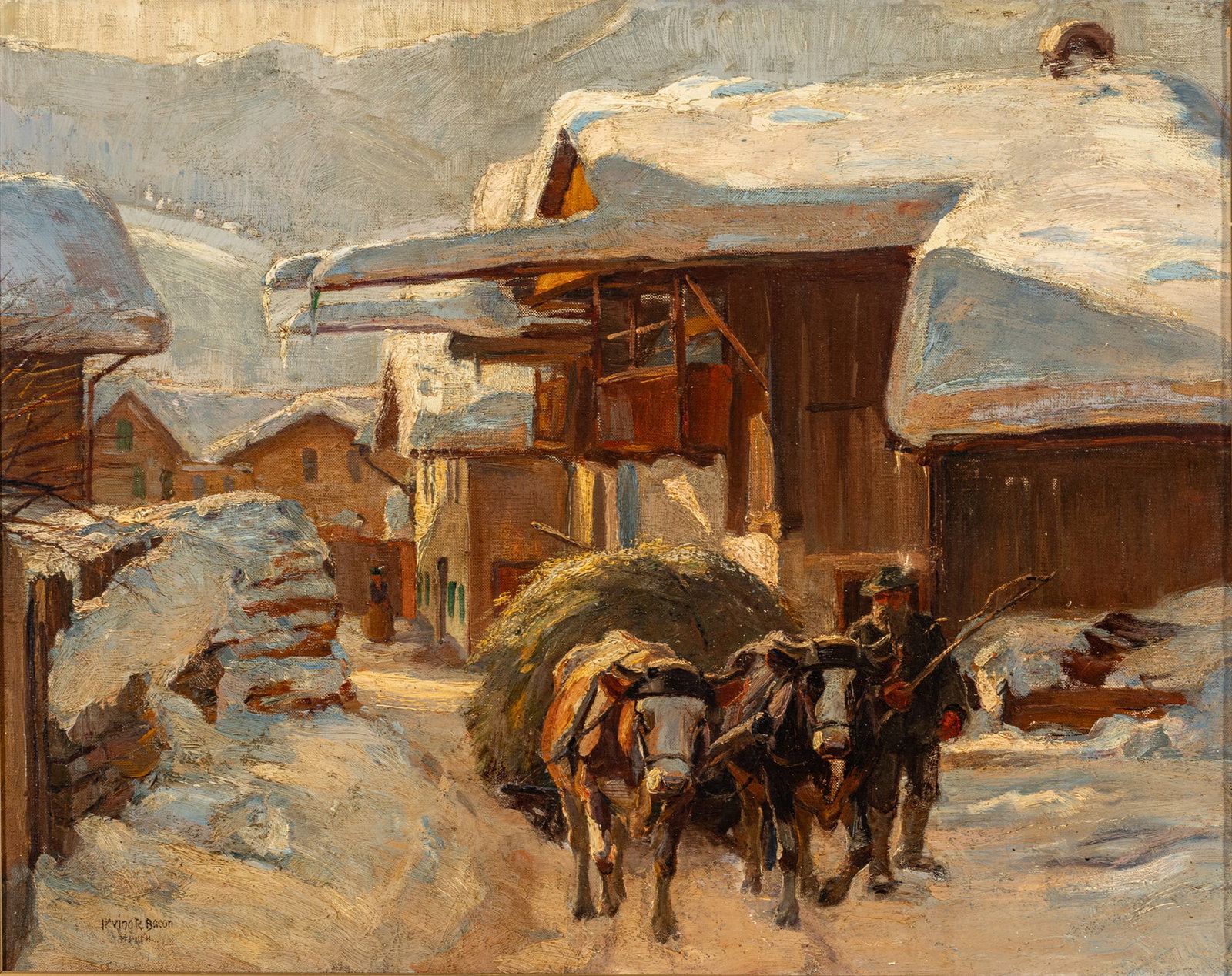 Irving Reuben Bacon (American, 1875-1962) Oil on Canvas, Ca. 1906-1910, 'Oxen Hauling Hay', H 21" W: Irving Reuben Bacon (American, 1875-1962) Oil on Canvas, Ca. 1906-1910, 'Oxen Hauling Hay', H 21" W 27" Signed lower left and located Munich. Irving Bacon studied at the Royal Academy of Fine Art