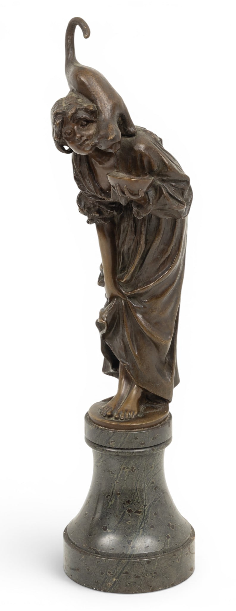 Ernst Waegener (German, 1857-1921) Bronze Sculpture 'Young Woman Feeding Cat', H 15.25" Dia. 3.5": Ernst Waegener (German, 1857-1921) Bronze Sculpture 'Young Woman Feeding Cat', H 15.25" Dia. 3.5" Standing young woman feeding a cat, Bronze H. 11" D. 3.25" W.3.5", Overall H. 15.25 Dia. 3.5. Signed o