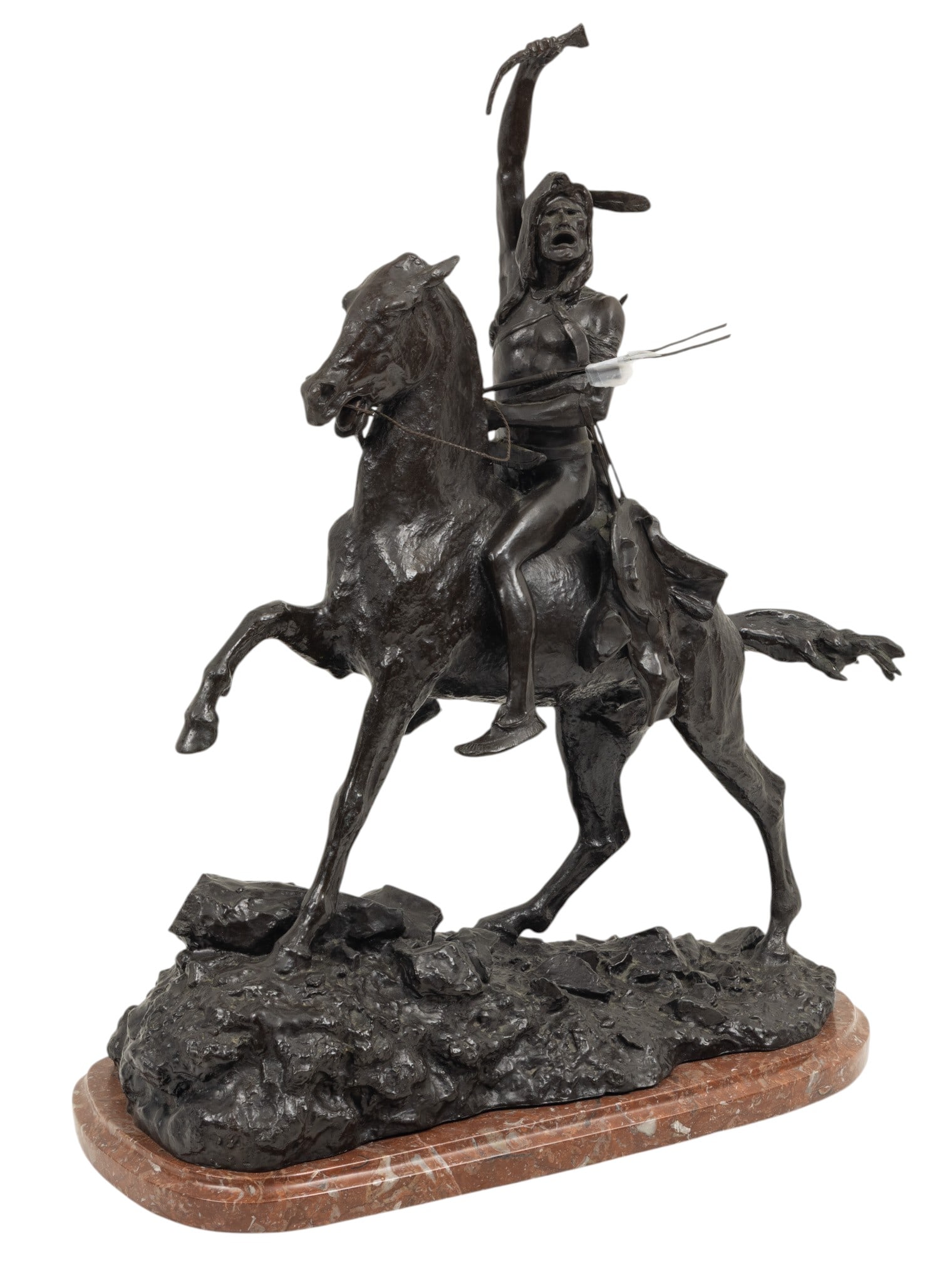After Frederic Remington (American, 1861-1909) Bronze Sculpture "Scalp" H 25" L 21" 1 PC: After Frederic Remington (American, 1861-1909) Bronze Sculpture "Scalp" H 25" L 21" 1 PC Depicts a Native American Indian on horseback waving a scalp in triumph. Mounted on a rouge marble base. Dark p