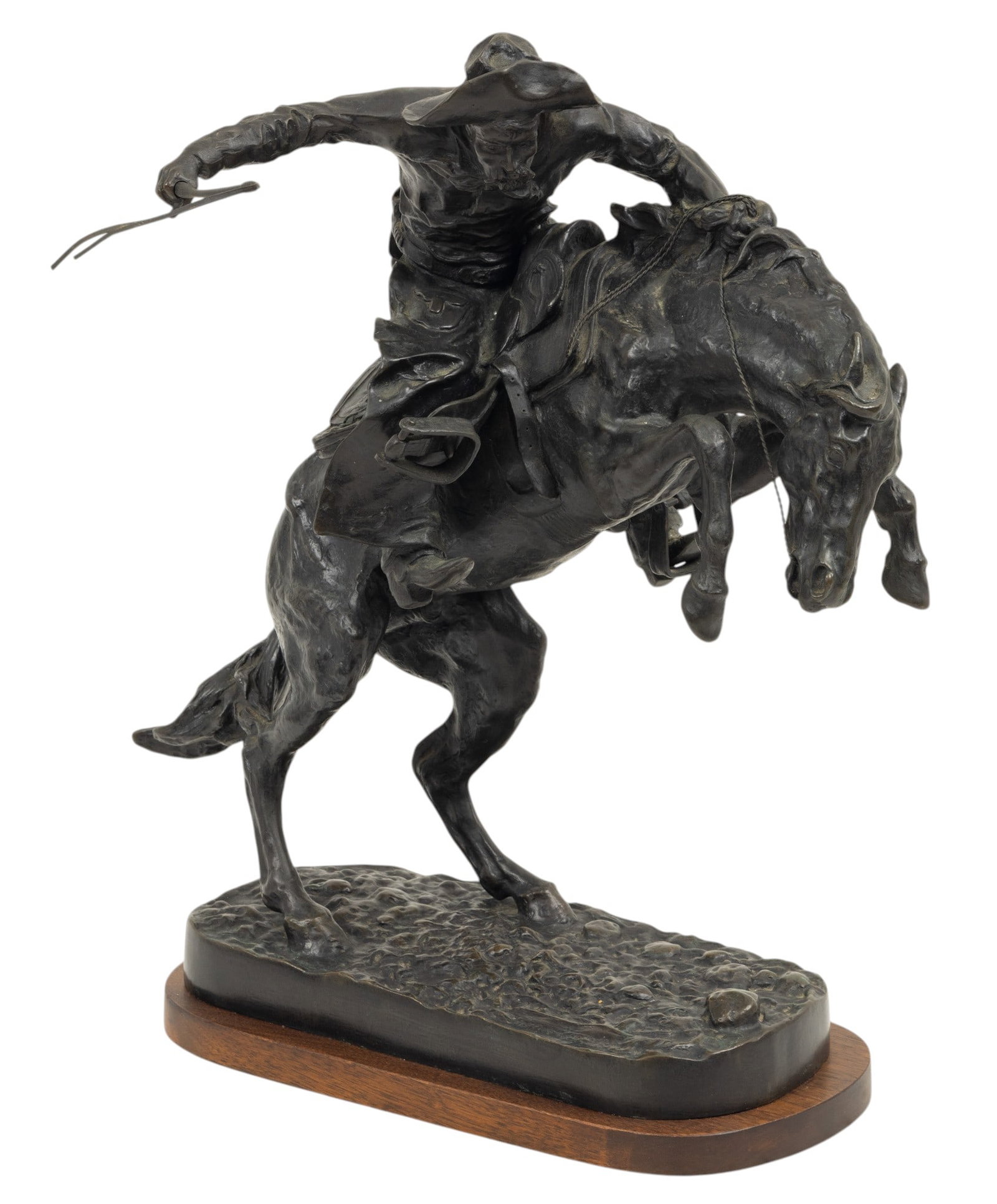 After Frederic Remington (American, 1861-1909) Bronze Sculpture "Bronco Buster" 1960, H 17.5" L 16": After Frederic Remington (American, 1861-1909) Bronze Sculpture "Bronco Buster" 1960, H 17.5" L 16" 1 PC Cowboy riding a rearing horse symbolizing the rugged American West. Bronze is mounted on marble