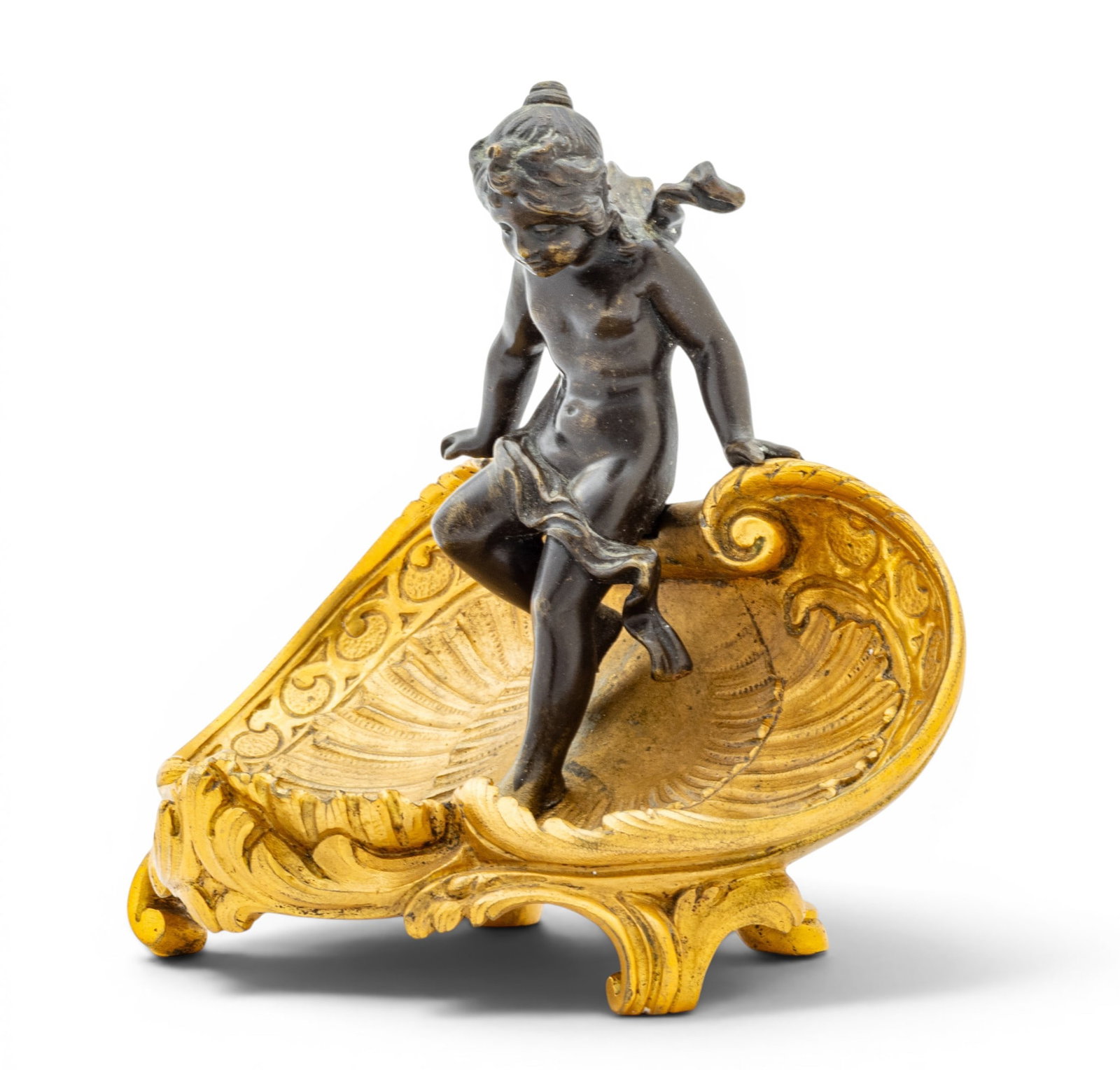 After Claude Michel Clodion (French, 1738-1814) D'ore Bronze Tazza 1880-1900, 'Cherub Dipping Her: After Claude Michel Clodion (French, 1738-1814) D'ore Bronze Tazza 1880-1900, 'Cherub Dipping Her Toes in the Water of a Shell', H 4.75" W 5.75" Depth 4.5" Cherub in a fine Renaissance brown patina si